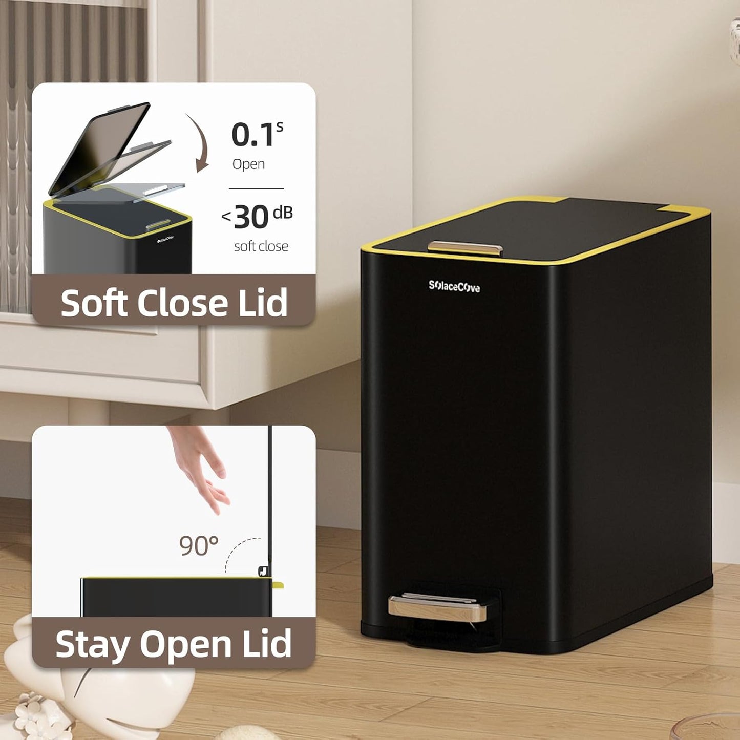 Bathroom Trash Can with Lid,2.6Gal Stainless Steel Office Trash Can,Small Garbage Can with Removable Inner Bucket for Kitchen,Office,Bedroom(Black)