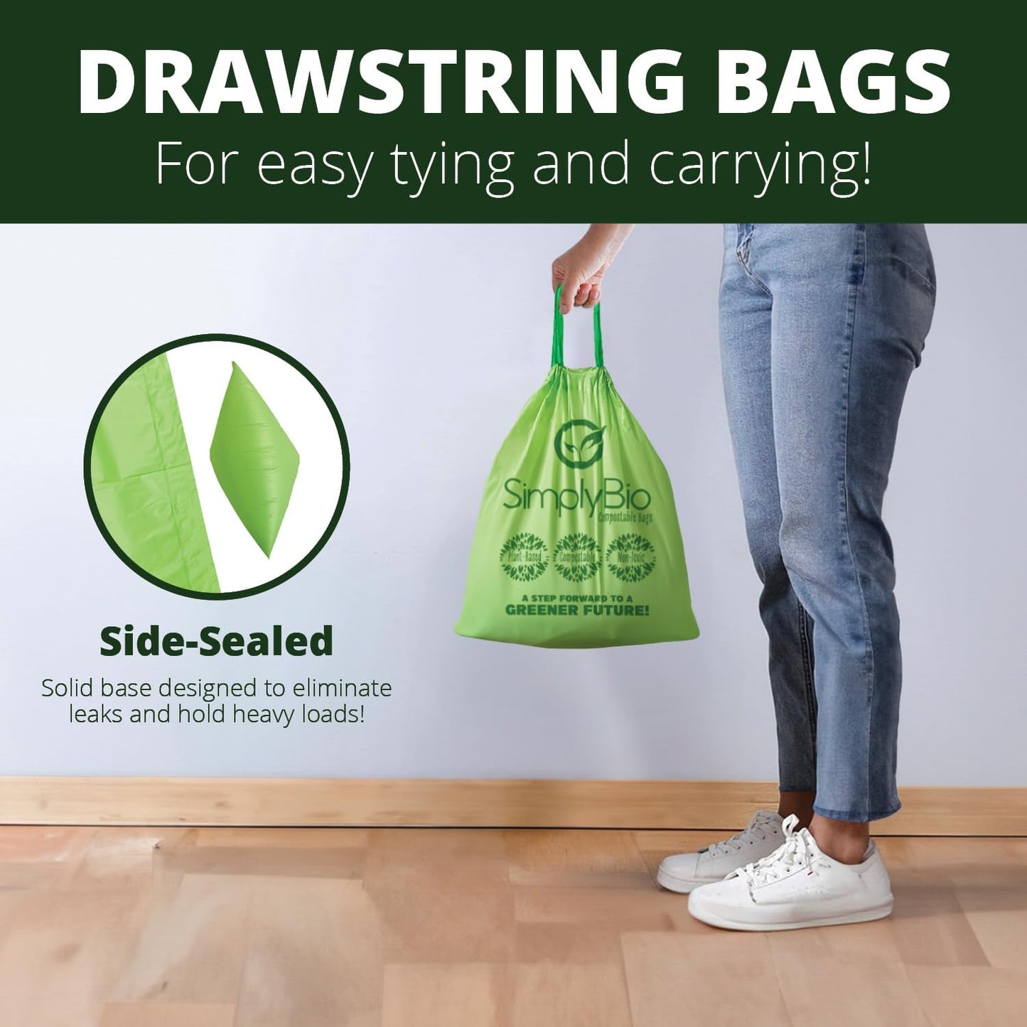 Simply Bio 3 Gallon Compostable Trash Bags Liners Drawstring, Heavy Duty Extra Thick 1 Mil, 11.36 Liter, 50 Bags, Small Kitchen Food Scrap Waste Bag, ASTM D6400, US BPI and OK Compost Home Certified