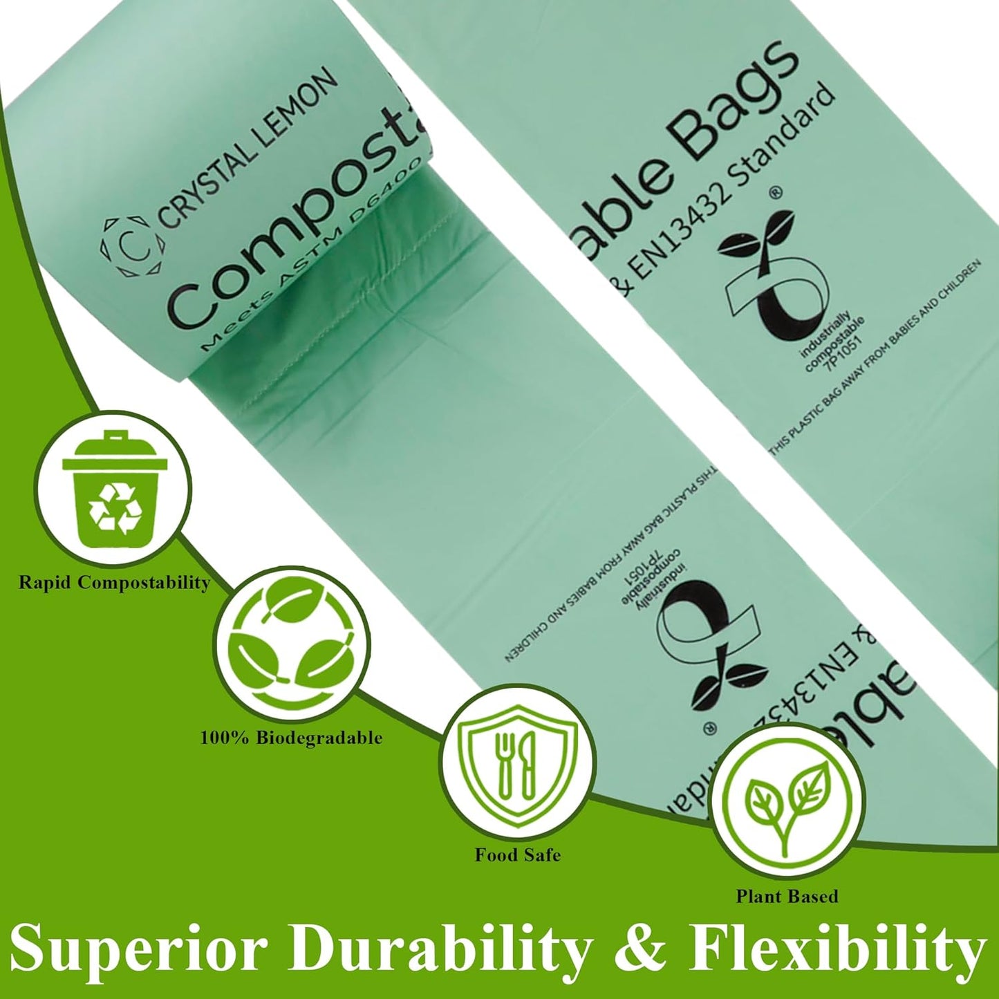 C Crystal Lemon 50 Count Biodegradable Kitchen Food Waste Bags - 6 Gallon Scraps Bags - Heavy Duty Compostable Waste Bags for Kitchen - Unscented Trash Bags 6 Gallon for Yard, Food