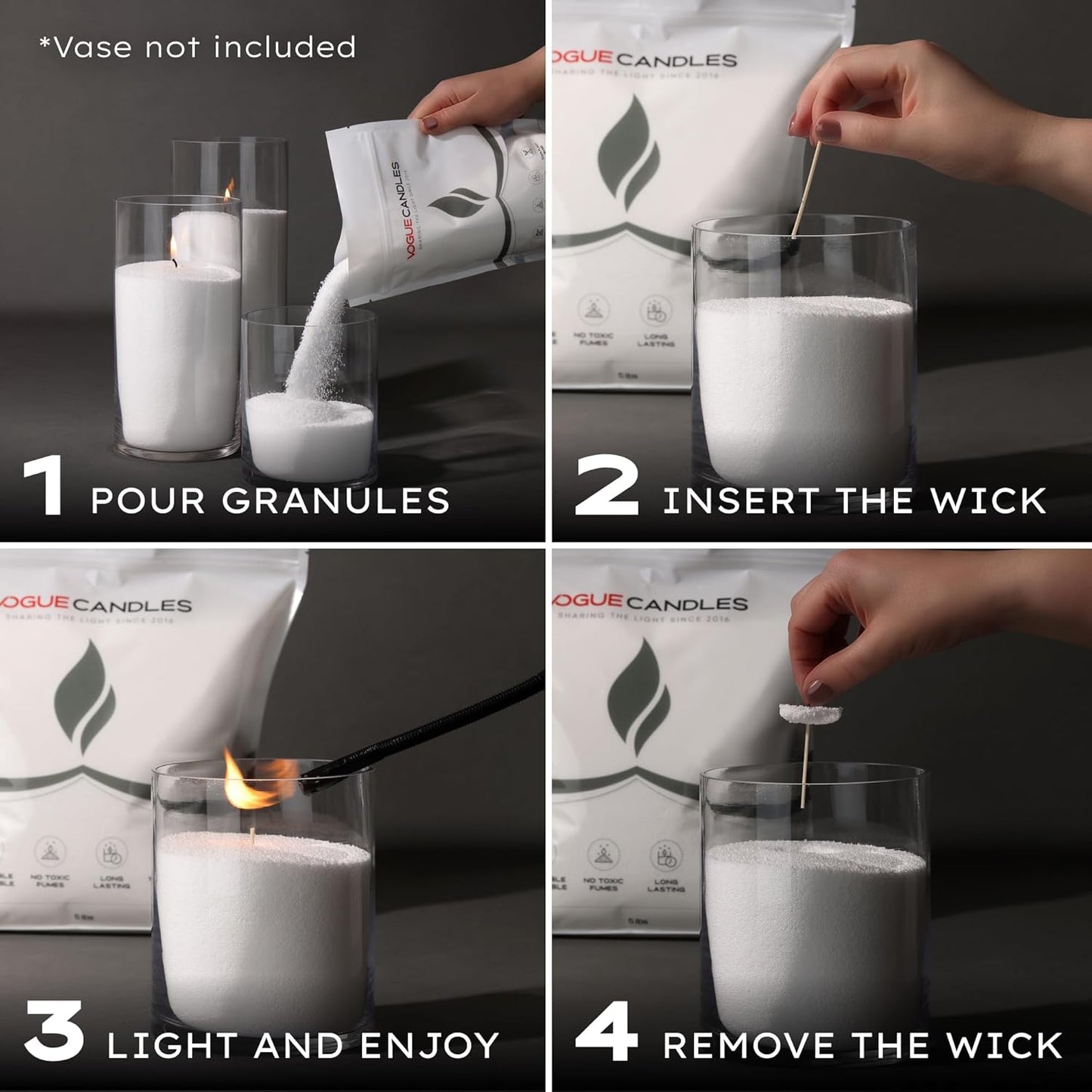 Vogue Candles 5LB Candle Sand with 50 Wicks | Bulk Refillable Plant-Based Granules for Custom Candle Making | Unscented, Clean Burn, Smoke-Free, Vegan Candle Refill Kit- White