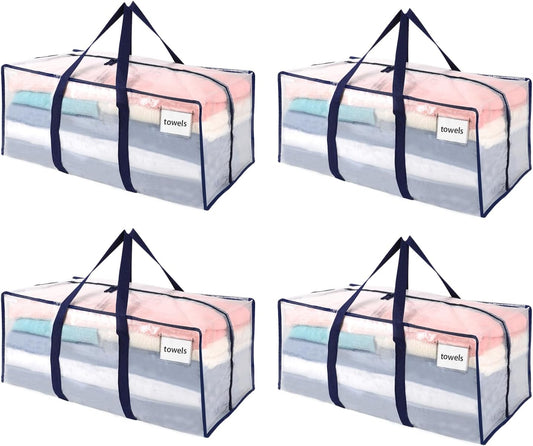 VENO 4 Pack Moving Bags Plastic Storage Totes Clothes Organization Large W Lid/Zipper. Packing Boxes/Bins Alternative. Space Saving Foldable College Supplies Essentials (Clear, 4 Pack)