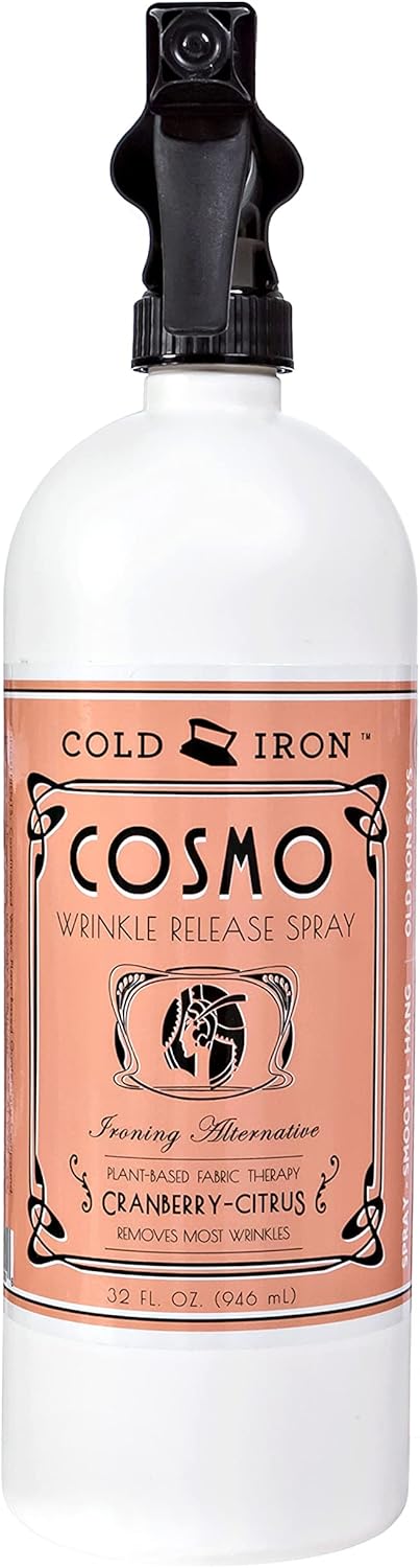 Cold Iron Wrinkle Release Spray 32 fl oz. Cranberry-Citrus. Plant Based Ironing Alternative. Fast, Easy to Use. Spray, Smooth, Hang. Award Winning Formula to Save You Time