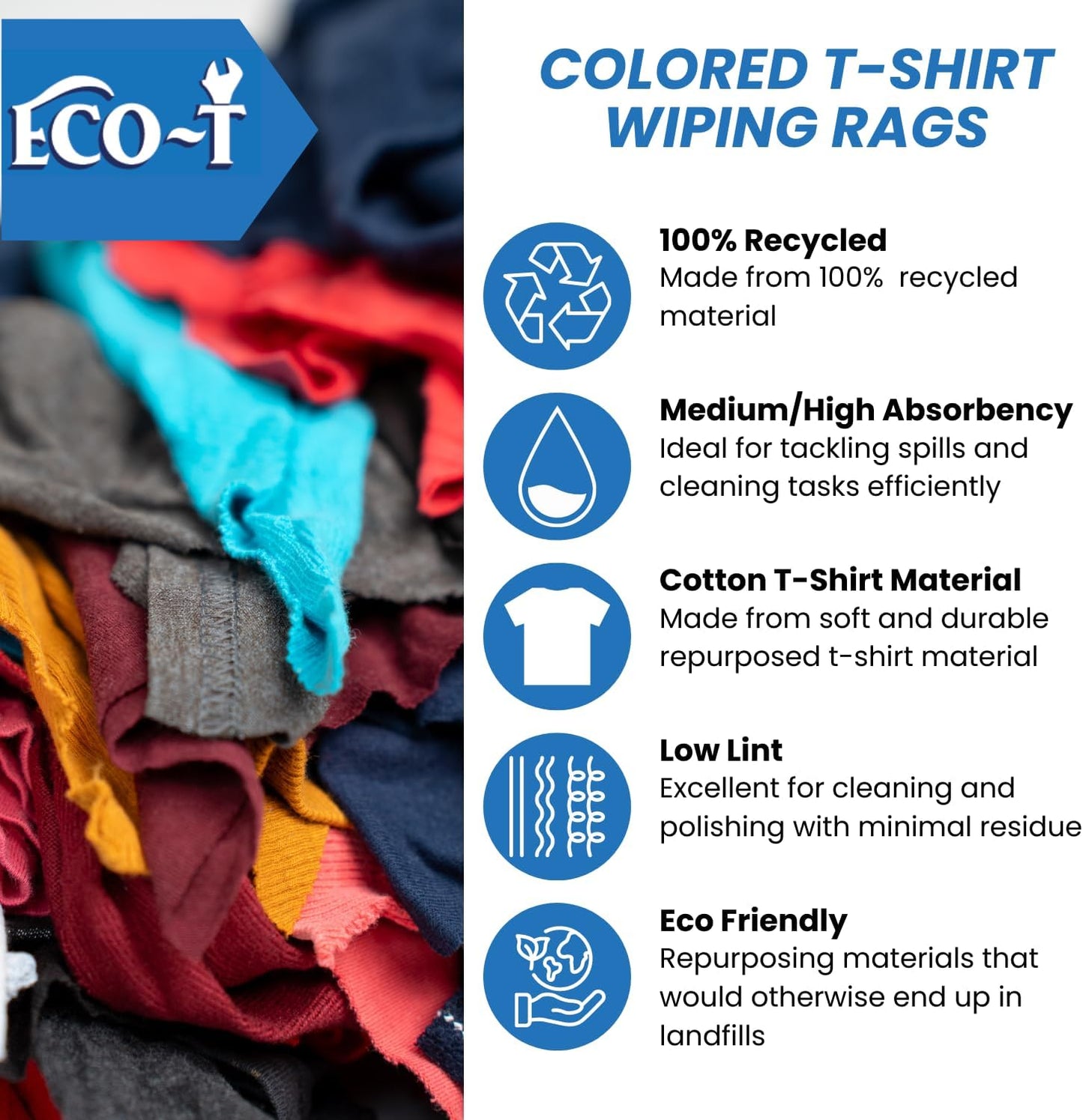 6 x 4 Lb Bags (24 Lbs) Eco-T Mechanic Shop Rags - Colored T-Shirt Material, 100% Recycled, Eco-Friendly, High Absorbency, Low Lint, Low-Cost, Industrial Use Wiping Cloth
