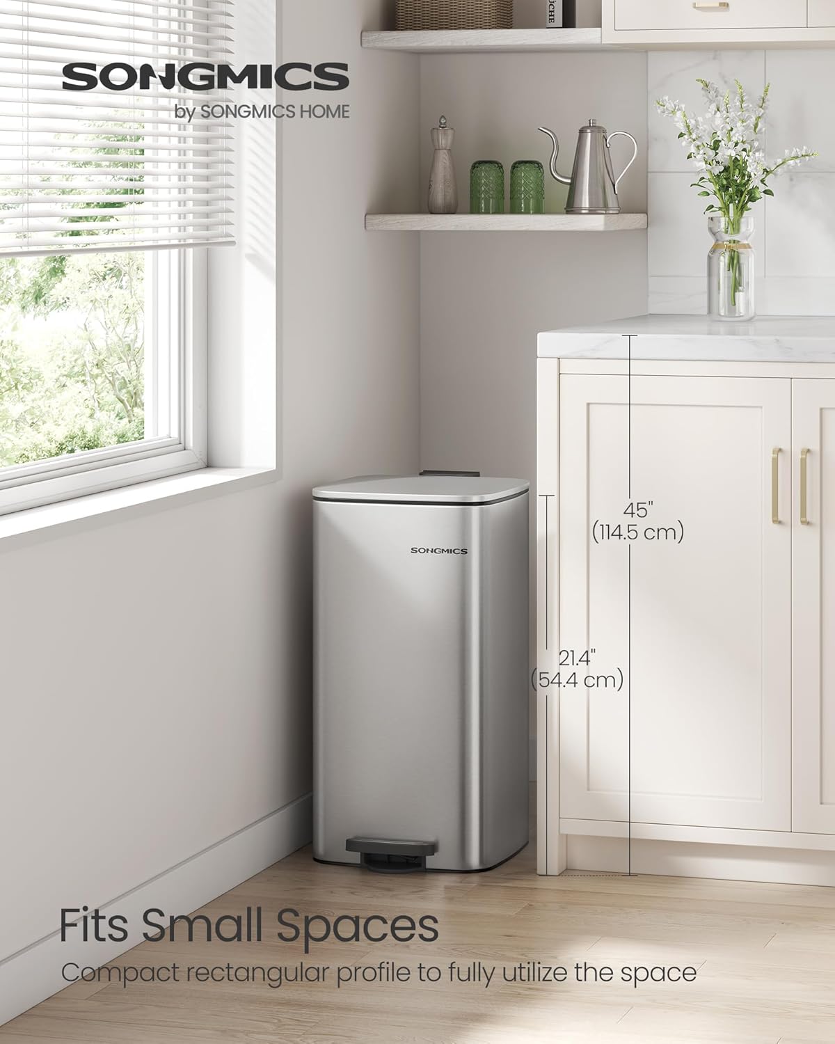 SONGMICS Kitchen Trash Can, 8-Gallon (30 L) Trash Bin, Stainless Steel Garbage Can, with Inner Bucket, Soft Close and Stays Open, Metallic Silver ULTB593E01