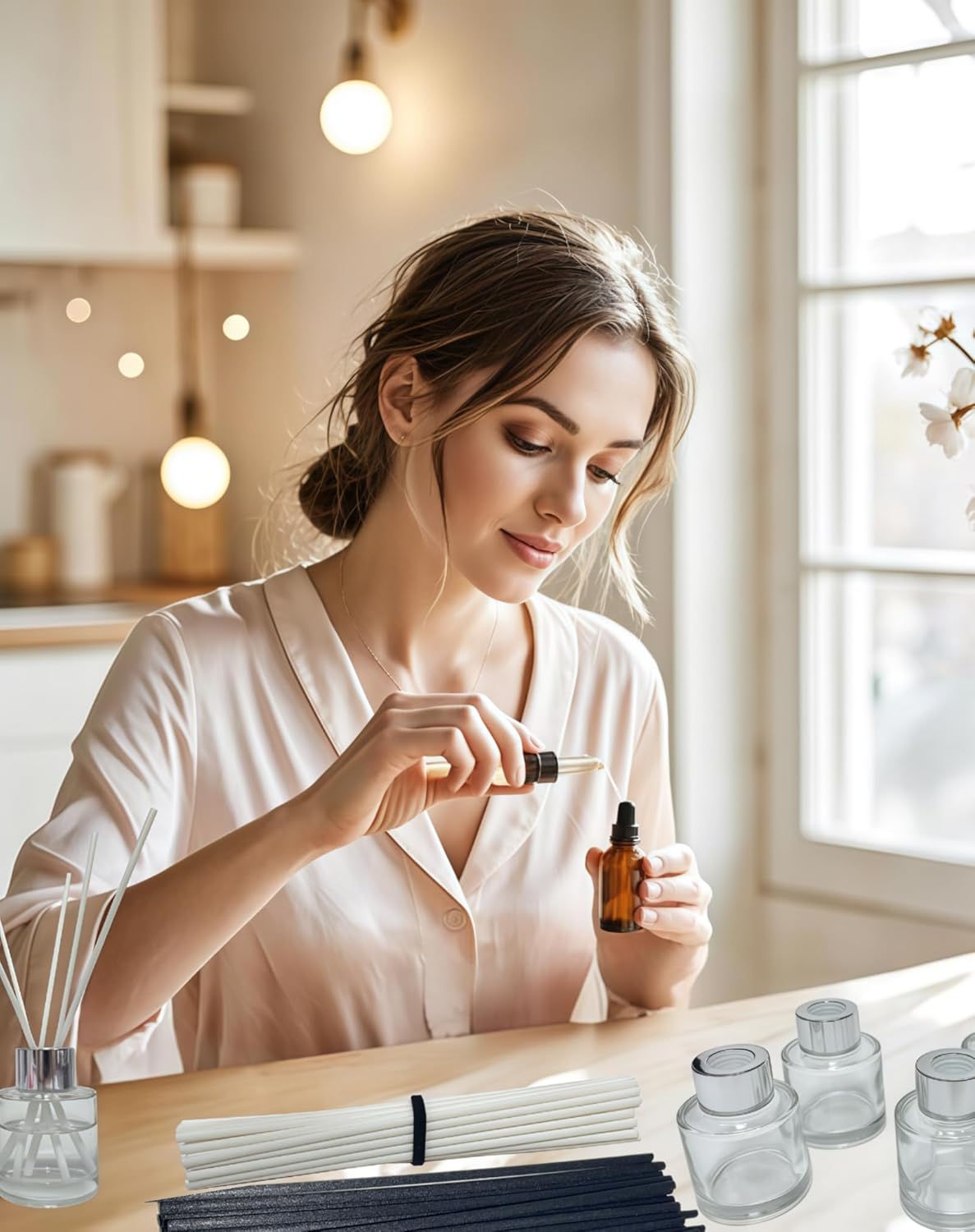 8PCS Reed Diffuser Bottles Empty, 40Pcs Reed Diffuser Stick, Diffuser Bottle Capacity 50ml (1.7oz) Diffuser Stick 3.5mm-190mm, Suitable for Home, Hotel, Restaurant, Office Aromatherapy Tasks