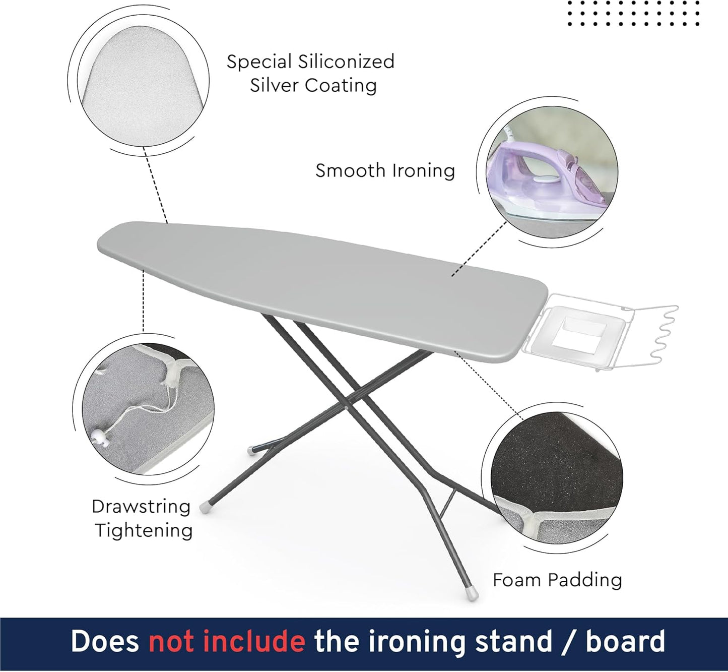 Encasa XO Ironing Board Cover and Pad 54"x15" - Thick 2mm Foam Padding, Drawstring Tightening & Lock, Heat Reflective, Scorch & Stain Resistant, Standard Large Ironing Board - Silver Premium