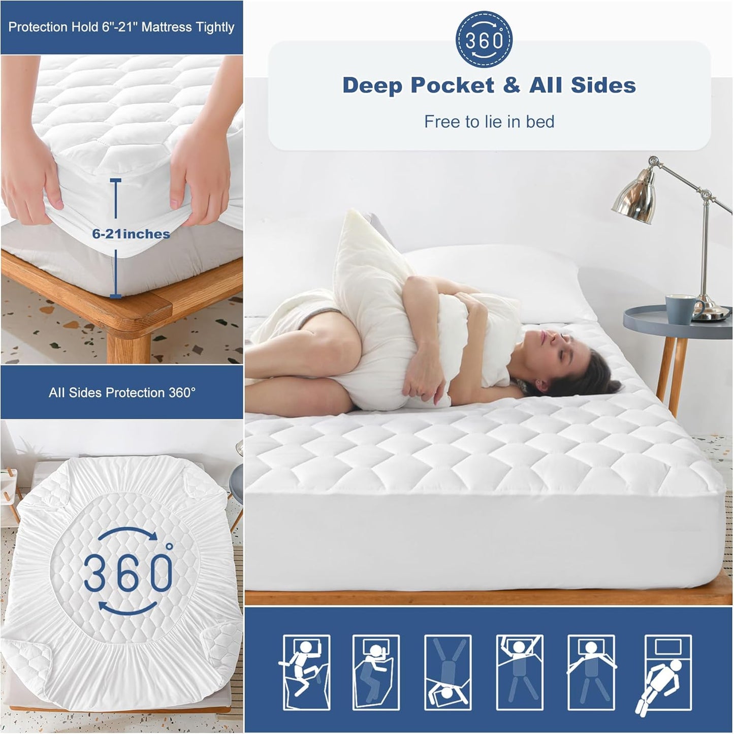 GRT Queen Mattress Protector Waterproof, 100% Waterproof Quilted Fitted Mattress Pad, Noiseless Hollow Cotton Mattress Cover, fits up to 21" Deep, Dust Proof White