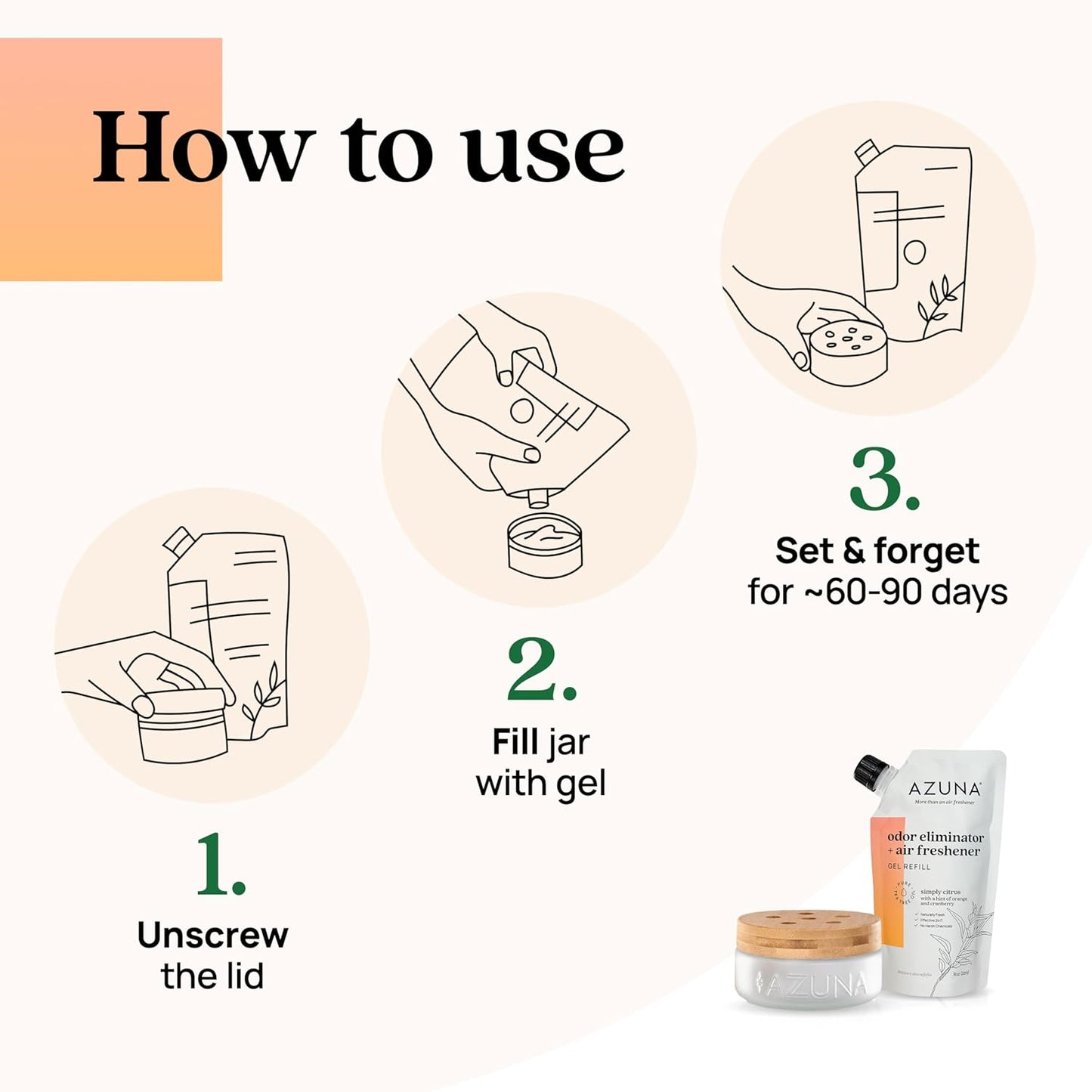 Azuna Air Freshener & Odor Eliminator for Strong Odor | 1 Room Kit Includes (1) Empty Luxe Glass Jar & 8oz Refill with Tea Tree Essential Oil Gel | Simply Citrus | Last 60-90 Days