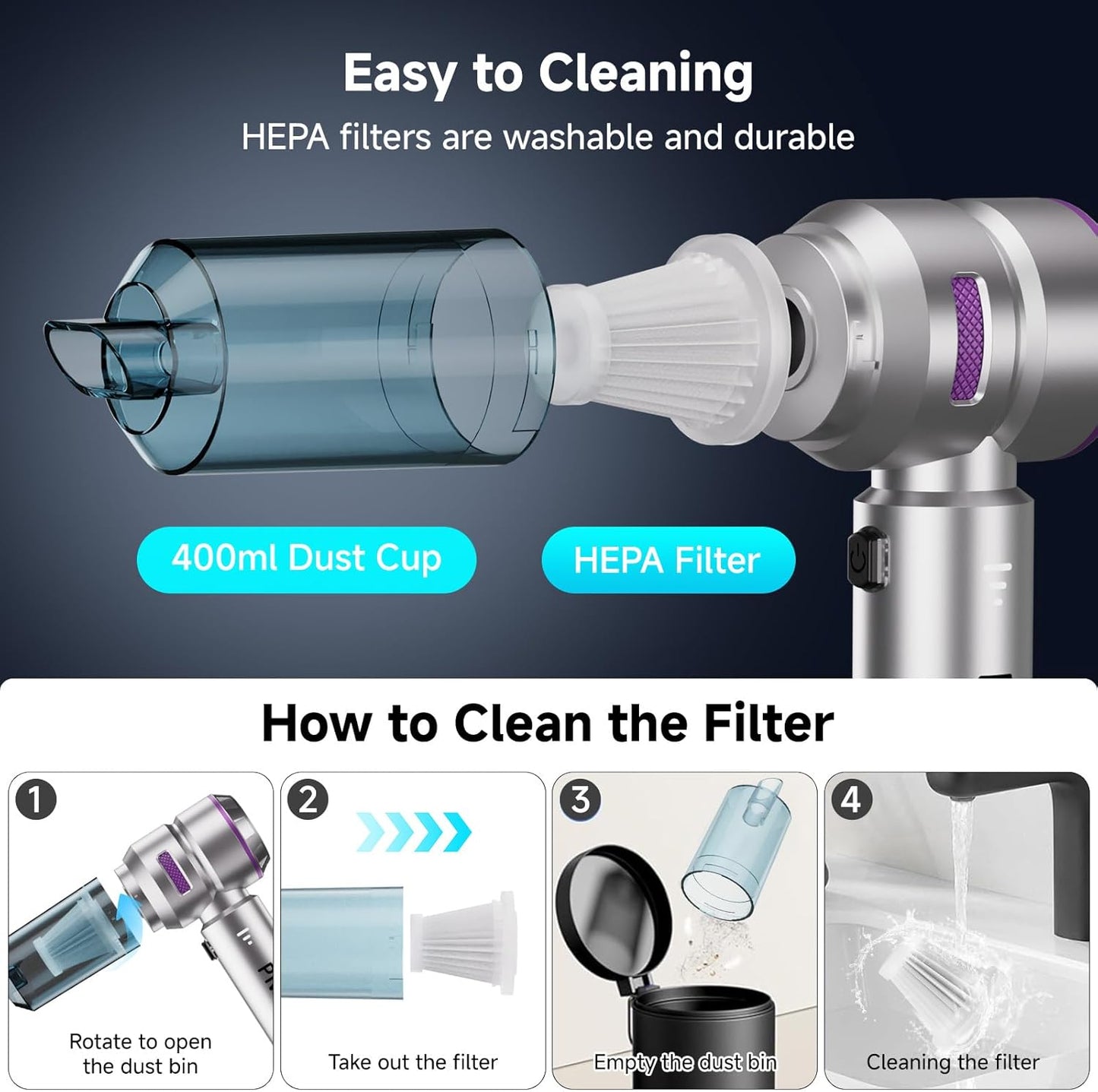 Handheld Vacuum Cordless, Car Vacuum Cleaner with Brushless Motor, Strong Suction Vacuum & Compressed Air Dusters with LED Light, Type C Port, Wireless Mini Portable Hand Vacuum Blower for Home, Pet