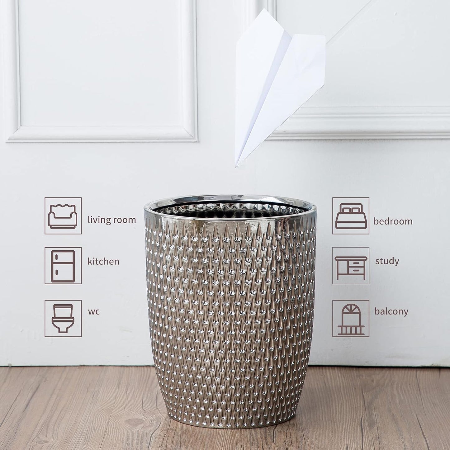Modern Round Silver Small Trash Can Wastebasket, Garbage Container Bin for Bathrooms, Powder Rooms, Kitchens, Home Offices - Durable Ceramics - Round