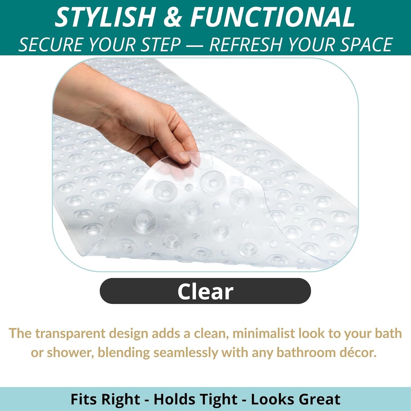 ENKOSI Bath Mat – 40 x 16 Inch Extra Long Non Slip Bathtub Mat – Anti Slip Clear Shower Mat with Suction Cups and Drain Holes – Bathroom Mat for Bath Tub and Smooth Shower Floors (40x16 Clear)