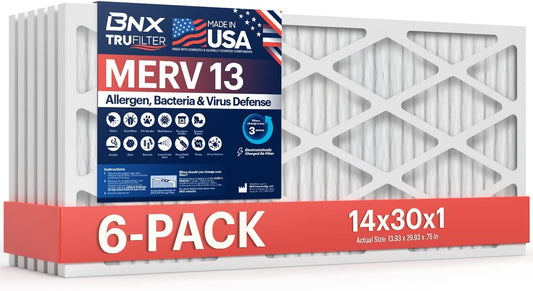 BNX TruFilter 14x30x1 Air Filter MERV 13 (6-Pack) - MADE IN USA - Electrostatic Pleated Air Conditioner HVAC AC Furnace Filters for Allergies, Pollen, Mold, Bacteria, Smoke, Allergen, MPR 1900 FPR 10