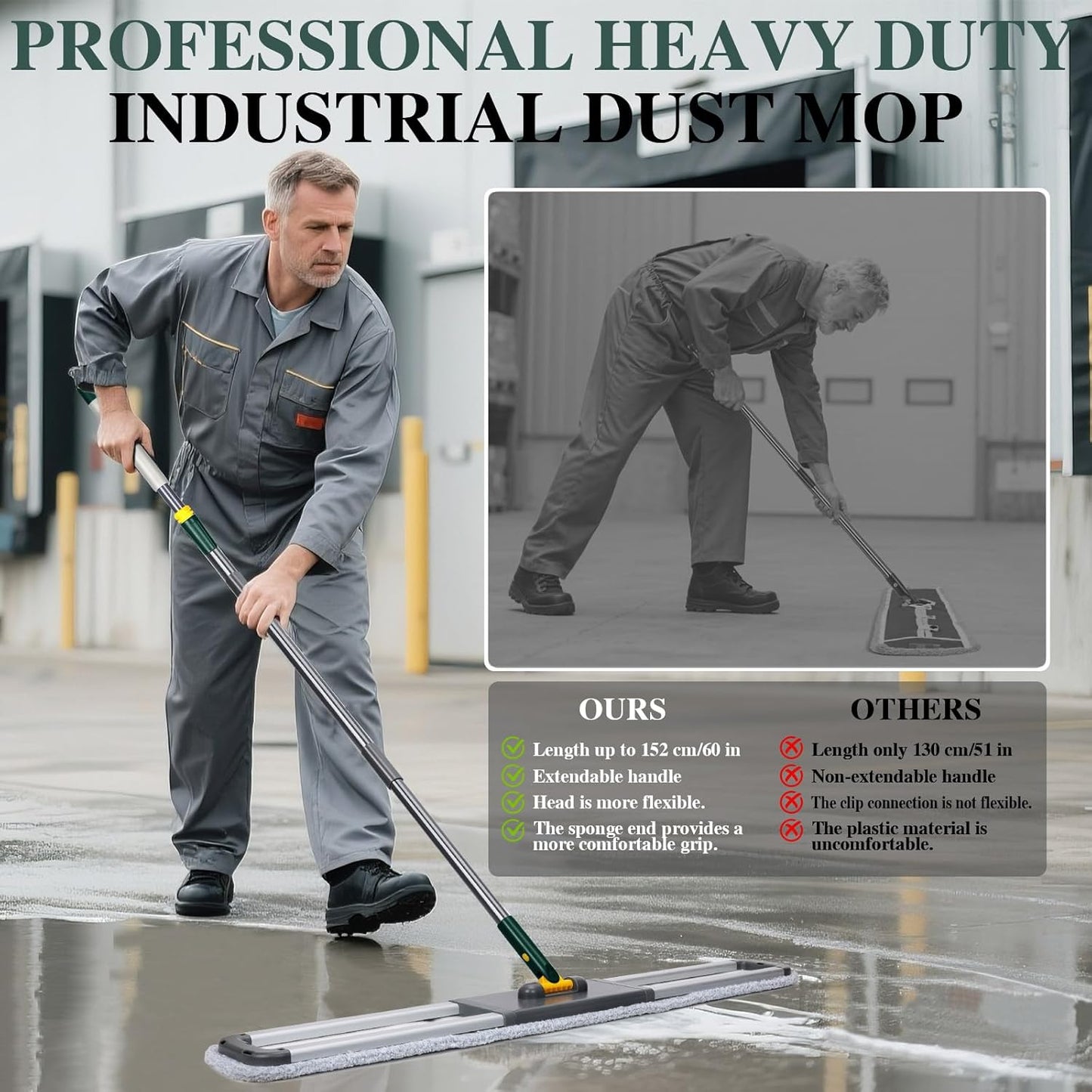 36" Commercial Mop, Masthome Heavy Duty Industrial Mop for Floor Cleaning,Commercial Dust Mop with 3 Reusable Pads,60”Long Handle Wet Dry Flat Mops for Hardwood Floors, Marble, Laminate, Tile(Green)