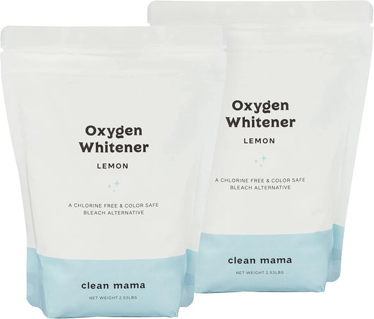 Clean Mama Natural Oxygen Whitener and Stain Remover - Color-Safe Natural Bleach Alternative - Plant-Derived Oxygen Powder, Whitens & Brightens Whites and Colors - Lemon, 2.53 lbs, 2 Pack