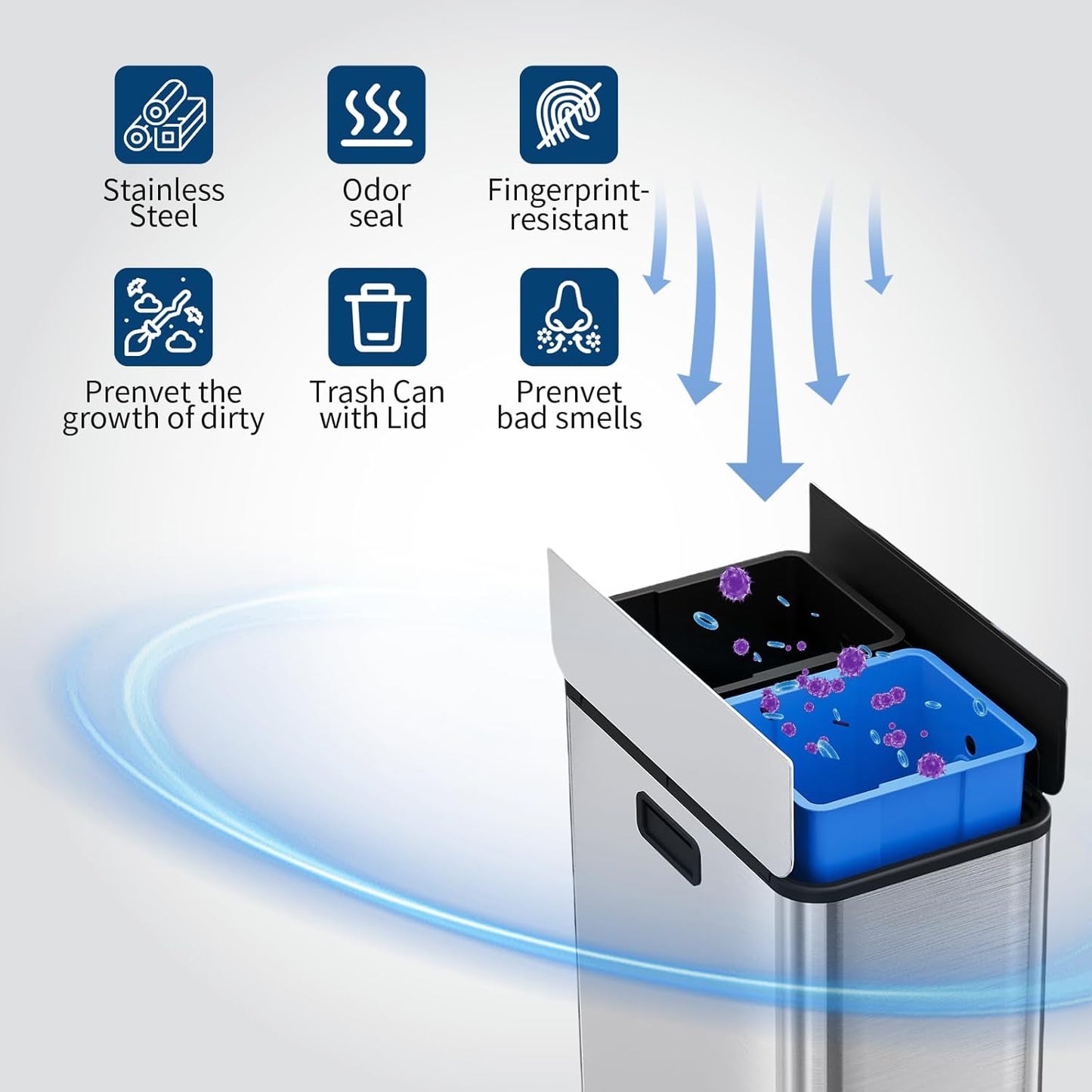 14.8 Gallon / 56L Kitchen Trash Can with Wing Lid, 2 x 7.4Gal Dual Compartments Slim Stainless Steel Garbage Can with 2 Removable Inner Buckets, Fingerprint-Proof Step Rubbish Bin With Soft-Close Lid