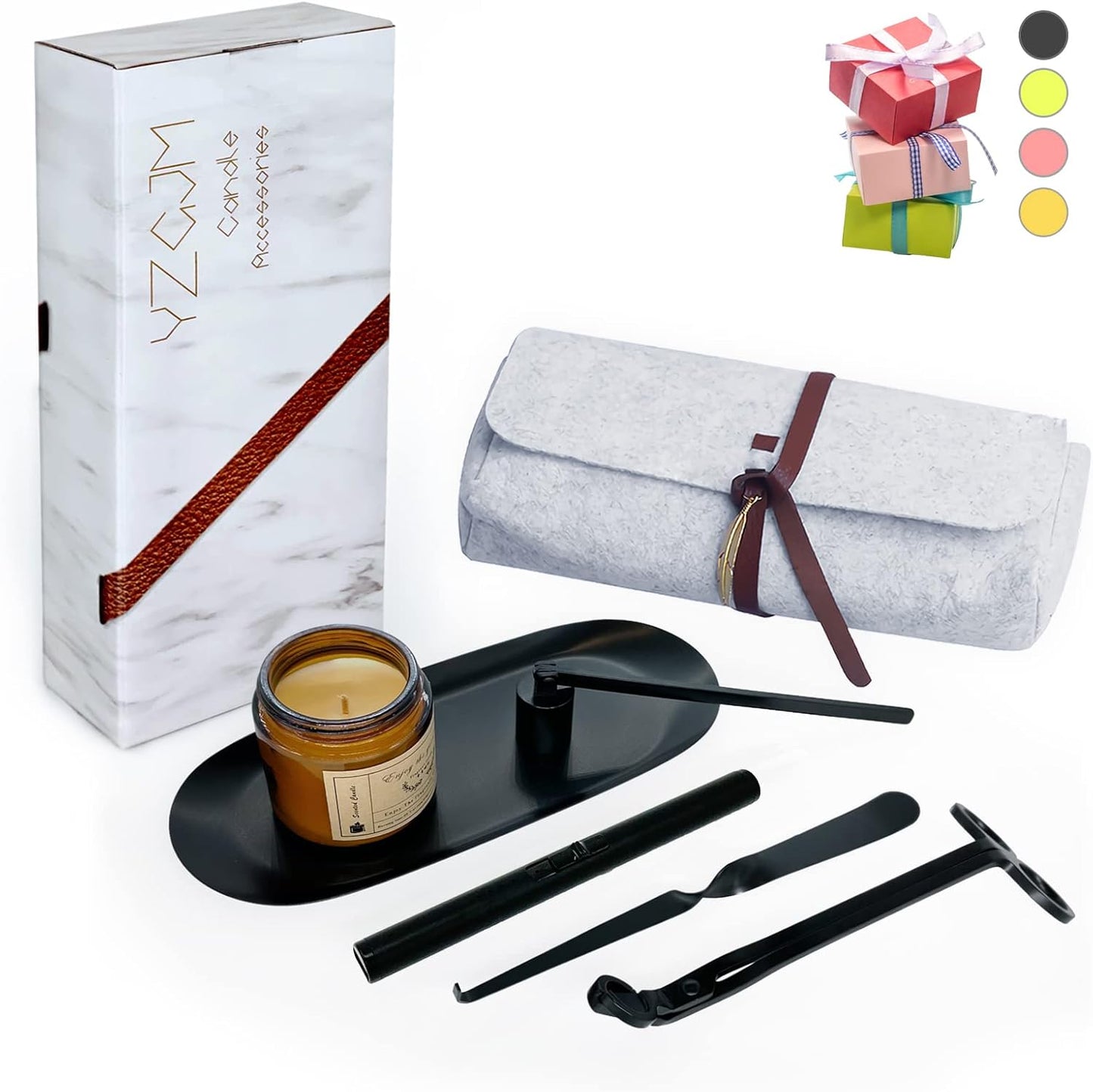 Exquisite Candle Accessories Tool Pack Bag, Rechargeable Electric Lighter， Wick Trimmer, Dipper, Snuffer and Tray Holder Elegant Kit Gift for Candle Lovers in Dating, Valentines Decor. ( Matte Black )