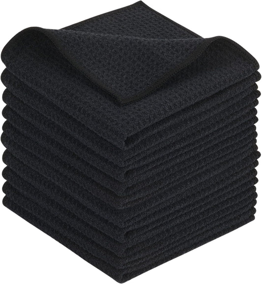 KinHwa Microfiber Dish Cloths Thick Waffle Weave Kitchen Dish Rags Ultra Absorbent Odor Free Dishcloths 12inch x 12inch… (Black 10 pc, 12in x 12in)