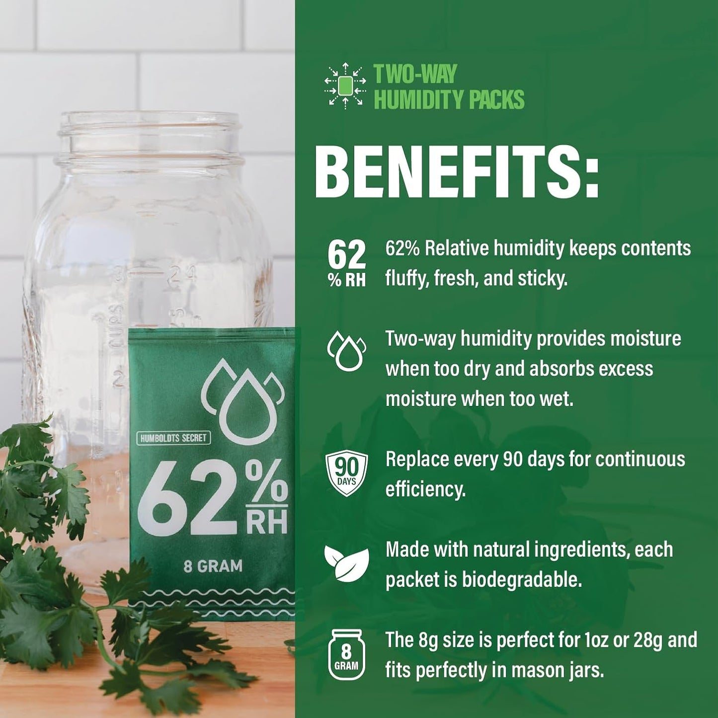 Humboldts Secret 62% Humidity Packs RH 2-Way | Moisture Absorber & Regulator for Small Containers | Relative Humidity Control Packets with Resealable Bag | 2 Way Humidity Control Packs | Pack of 10