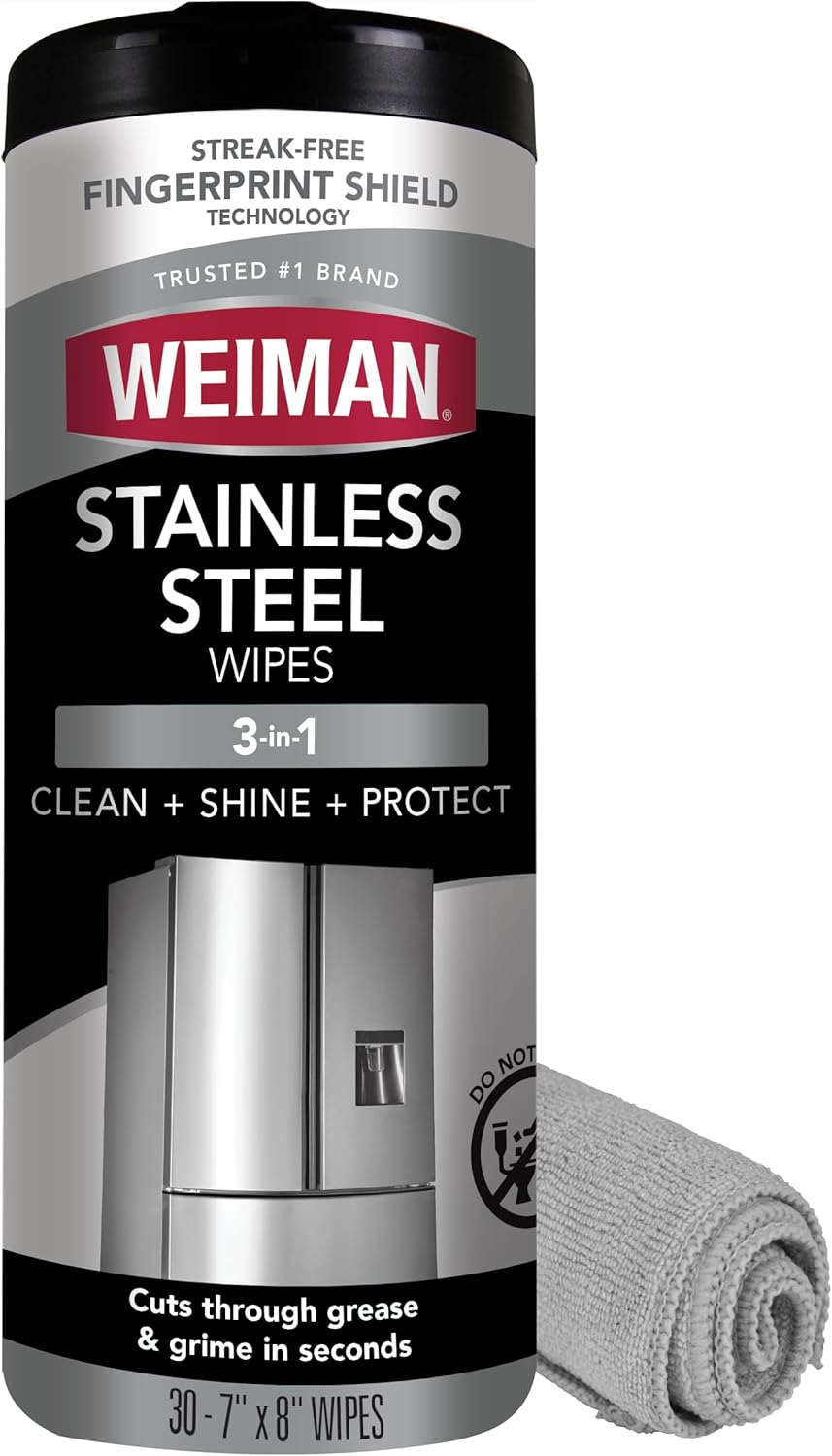 Weiman Stainless Steel Wipes (Large Microfiber Cloth) Removes Fingerprints Residue Water Marks and Grease from Appliances - Works Great on Refrigerators Dishwashers Ovens Grills - Packaging May Vary