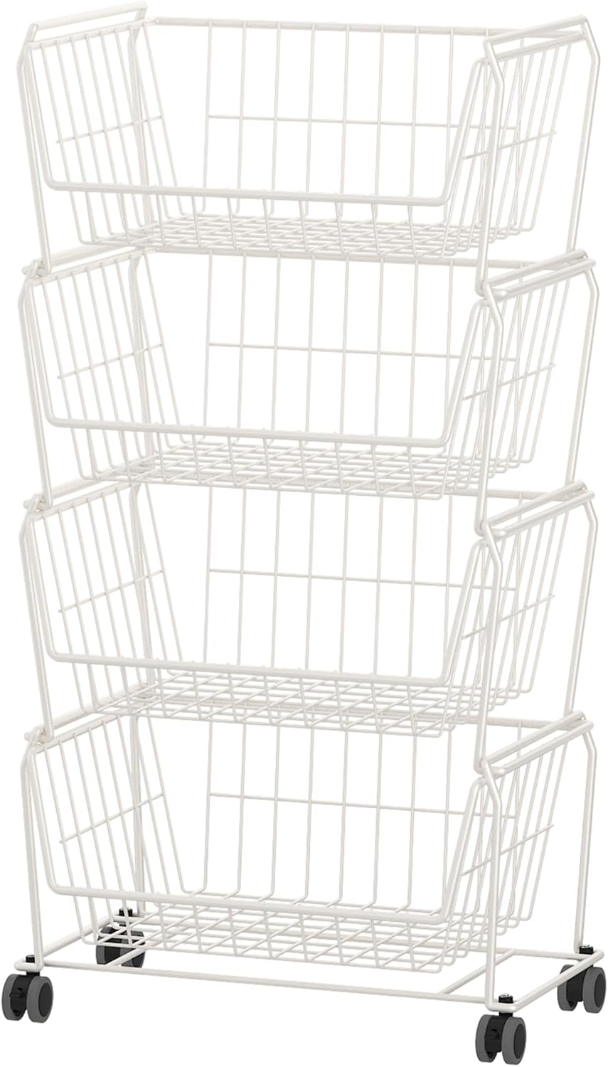 PUSDON Stackable Metal Storage Carts, Dual Use Shelf for Kitchen Fruit Vegetable Baskets with Wheels, Storage Rack for Living Room, Home & Office, Plus White 4 Tiers