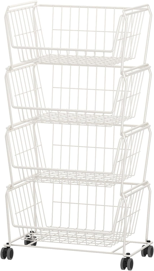 PUSDON Stackable Metal Storage Carts, Dual Use Shelf for Kitchen Fruit Vegetable Baskets with Wheels, Storage Rack for Living Room, Home & Office, Plus White 4 Tiers