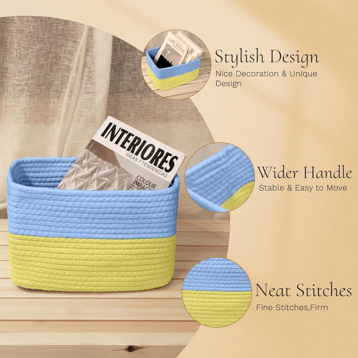 Hopegiver Woven Storage Baskets 11x8x7 Inch, 3 Pack Collapsible Cube Storage Bin for Shelves - Foldable Cotton Rope Organizer Bins for Towels, Toys, Books, Closet, Nursery (Blue Yellow)