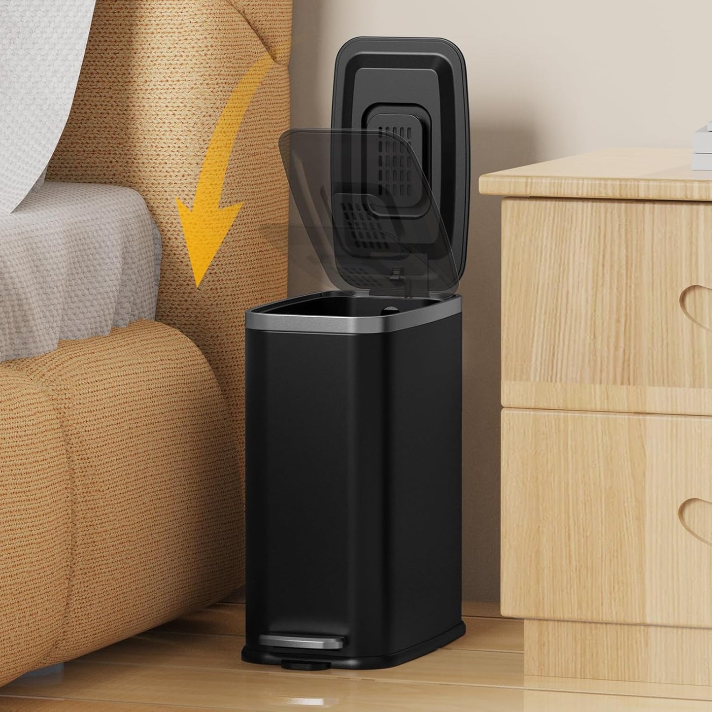 Stainless Steel Bathroom Trash Can with Lid Soft Close,1.6 Gallon Slim Garbage can,Small Metal Step Wastebasket for Office, Bedroom, Toilet, Black