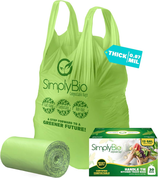 Simply Bio 13 Gallon Compostable Trash Bags Liners with Handle-Tie, Thick 0.87 Mil, 49.21 Liter, 30 Bags, Tall Kitchen Food Scrap Waste Bag, ASTM D6400, US BPI and OK Compost Home Certified