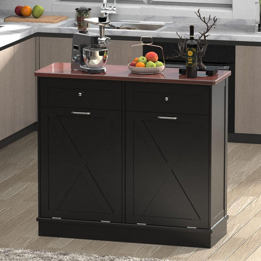 Betterhood Double Tilt Out Trash Cabinet 20 Gallon Wooden Free Standing Laundry Sorter Cabinet,Recycling Cabine with Hideaway Drawer,Tilt Out Trash Cabine Can Bin Kitchen (Black)