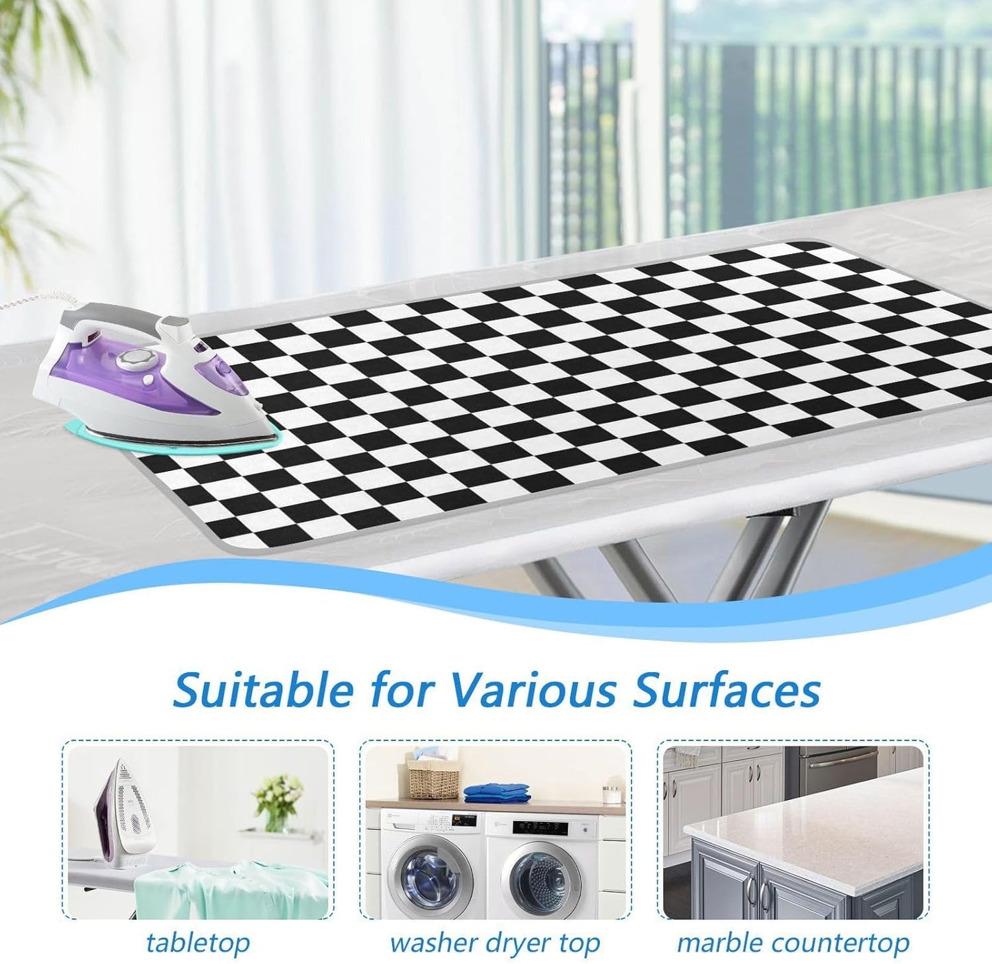 Black White Checkered Plaid Ironing Mat for Table top Portable Ironing Pad Blanket for Washer Dryer Countertop Travel