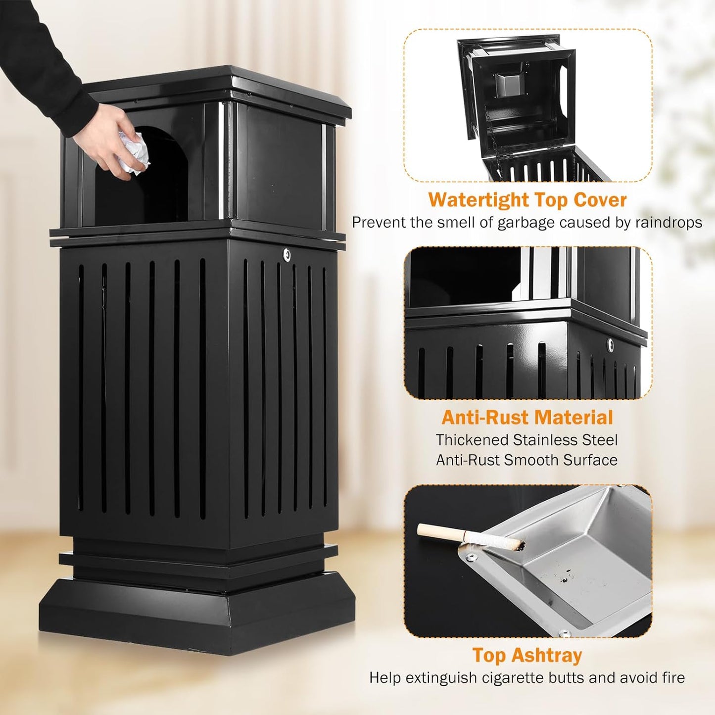 BEAMNOVA Trash Can Outdoor Top Tray Black Stainless Steel Commercial Garbage Enclosure with Locking Lid Heavy Duty Industrial Yard Garage Waste Container, 35.5 * 15.8 * 15.8 in