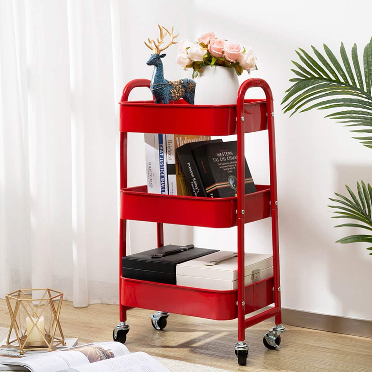 AGTEK Makeup Cart, Movable Rolling Organizer Cart, Red 3 Tier Metal Utility Cart