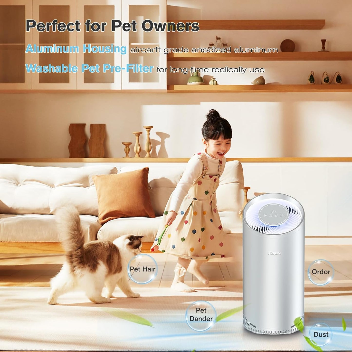 Aluminum Housing Air Purifiers for Home Bedroom Cover 1375ft². Washable Pre-Filter HEPA Air Purifier for Pets Hair Dander Odors, Filter 99.99% Smoke Dust Dander Pollen, Night Light Sleep Mode