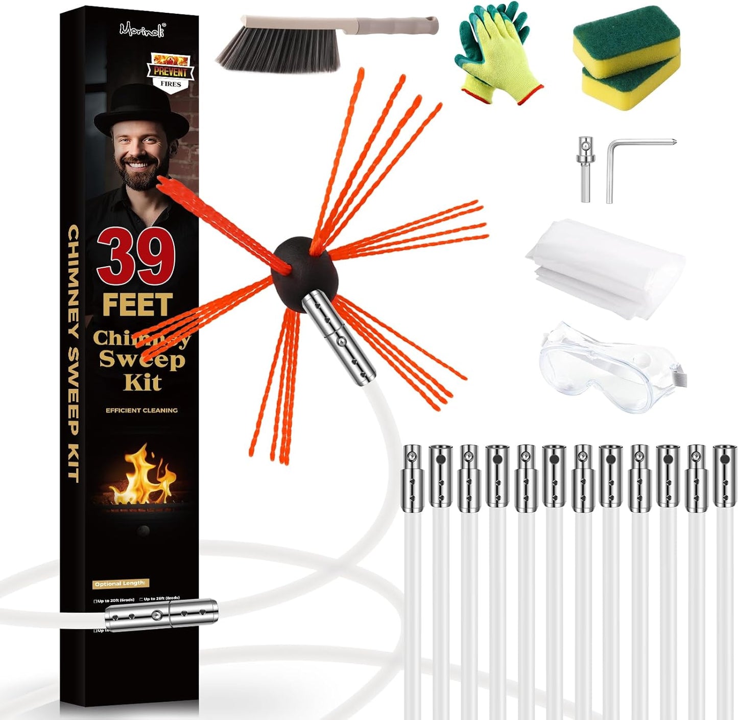 39 Feet Chimney Sweep Kit, Chrome Button Locking System, Chimney Cleaning Kit, Chimney Brush, Chimney Cleaning Tool, Chimney Cleaning System with 12 Flexible Chimney Rods