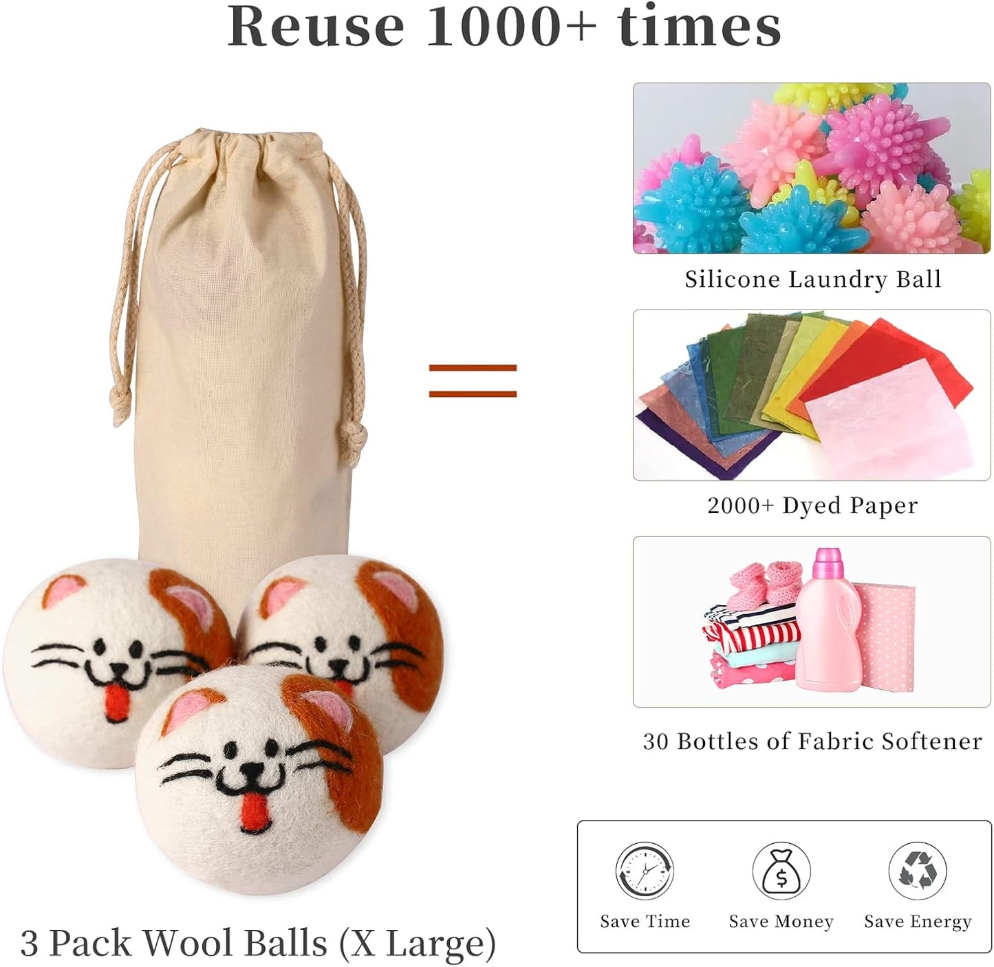 Wool Dryer Balls XL, Cute Cat Face Shape Handmade Dryer Balls Laundry Reusable, Fabric Softener Ball, Shorten Drying Time, Organic Wool - Dry 1000+ Loads(3 Pack Cat Shape)