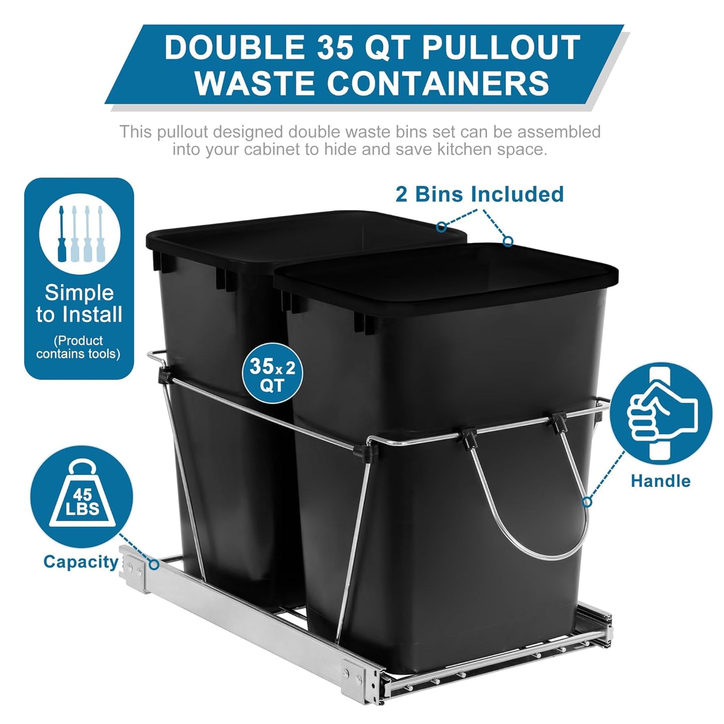 SUPER DEAL Double 35-Quart Pull Out Trash Can Under Cabinets Under Sink Garbage Sliding Waste Bin Container Recycling Bins with Chrome Wire Bottom Mount 44 lbs Load Capacity, Black