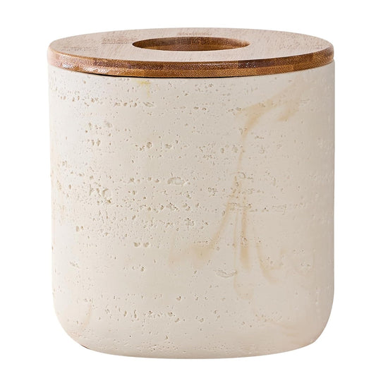 Natural Travertine Textures Beige Mini Trash Can with Bamboo Lid,Small Countertop Trash Can for Bathroom, Kitchen, Vanity, Desk Trash Can,Table Top Mini Garbage Can for Dining Room, Tiny Waste Basket