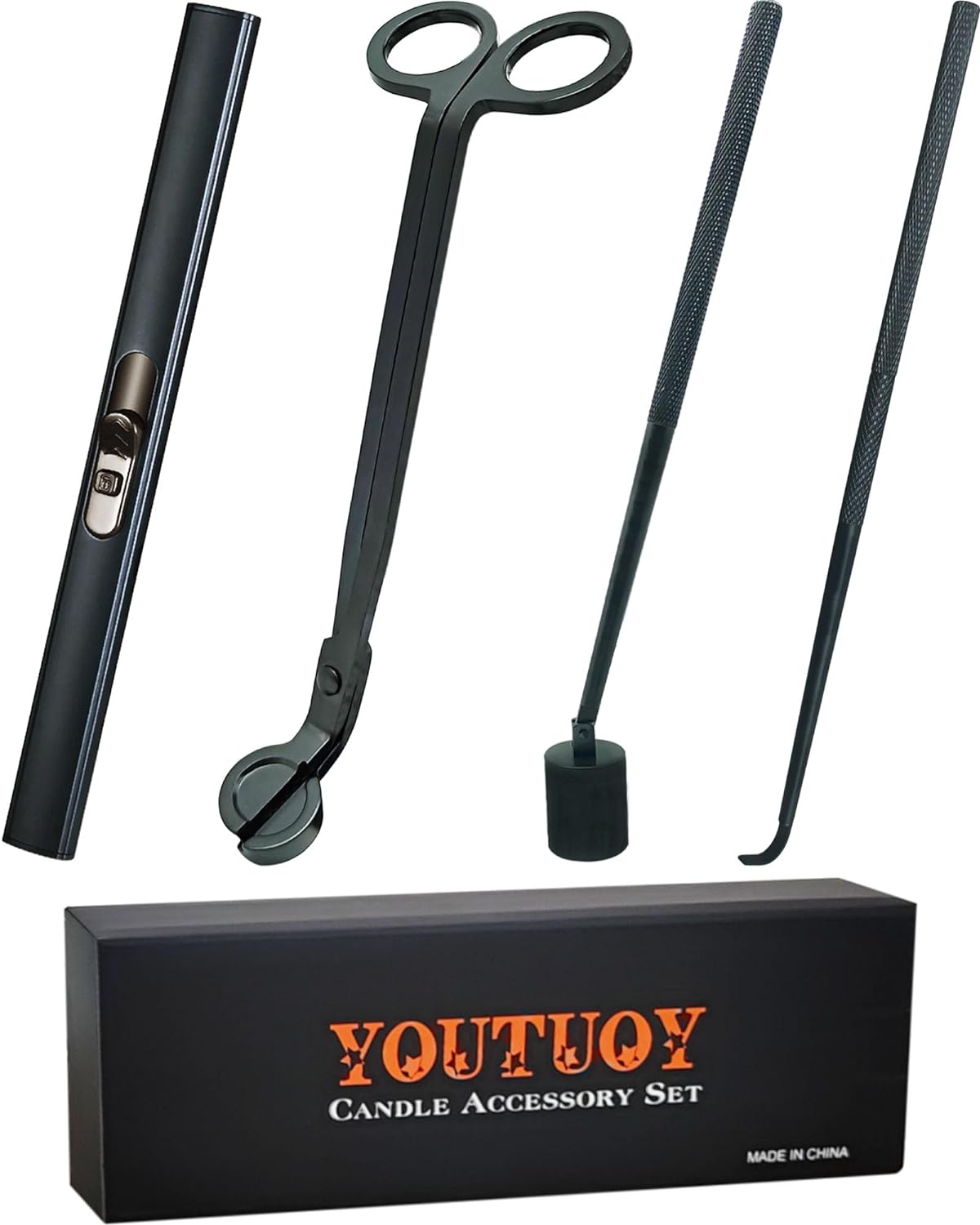 4 in1 Candle Accessory Set with Rechargeable Candle Lighter, Candle Wick Trimmer, Candle Wick Snuffer, Candle Wick Dipper, Candle Care Kit (Matte Black)
