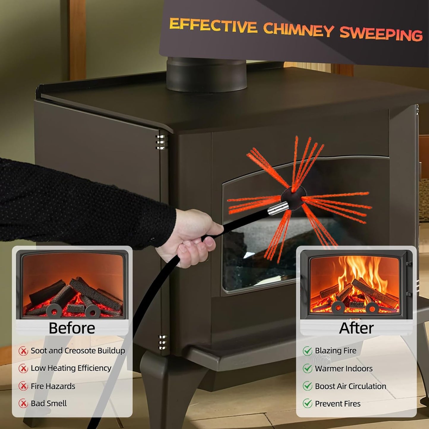 46 Feet Chimney Sweep Kit, Chimney Cleaning Kit with 14 Flexible Black Chimney Rods, Chimney Brush, Rotary Chimney Cleaning System Driven by Drill for Sweeping Fireplace