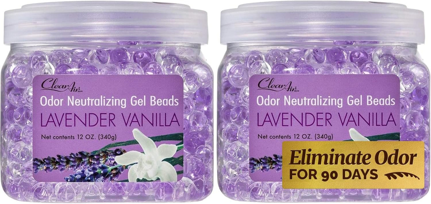 Clear Air Odor Eliminator Gel Beads - 12 oz, Pack of 2 - Air Freshener Made with Essential Oils - Eliminates Odors in Bathrooms, Cars, Boats, RVs & Pet Areas - Lavender Vanilla Scent