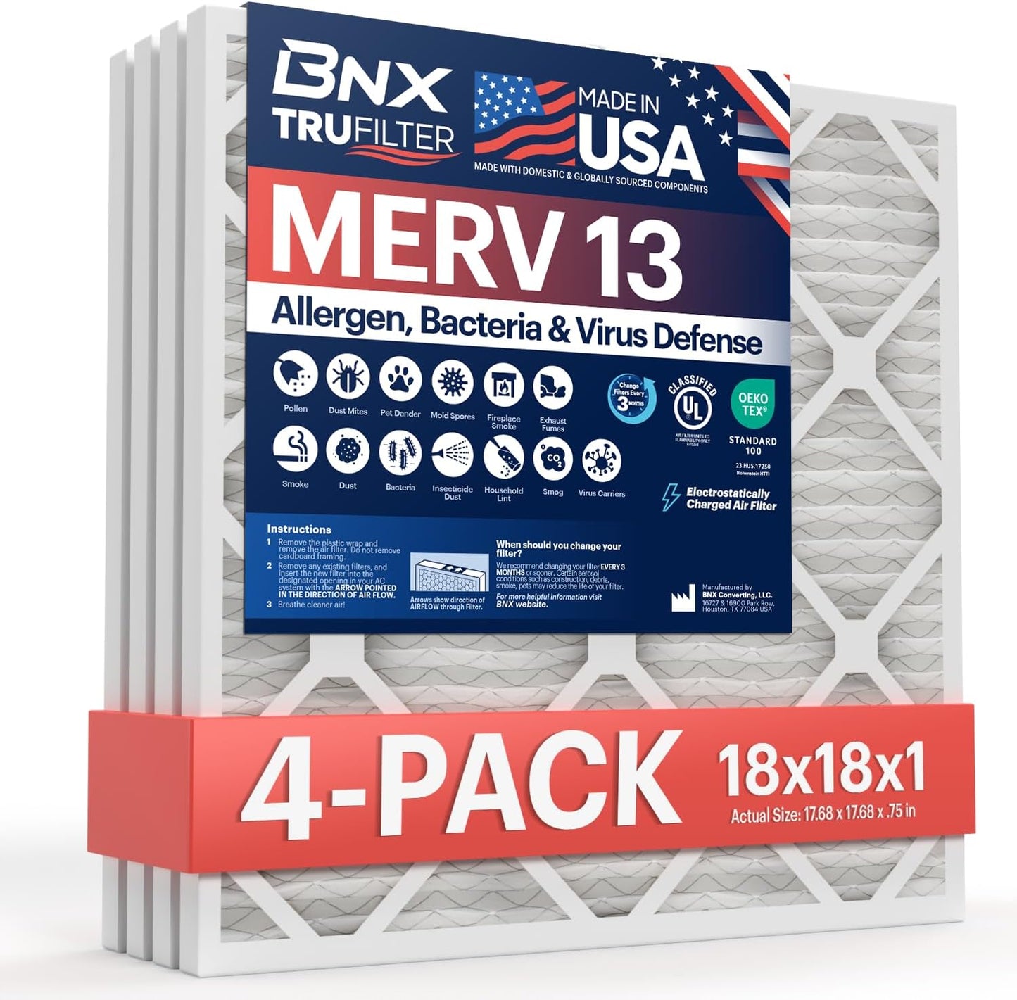 BNX TruFilter 18x18x1 Air Filter MERV 13 (4-Pack) - MADE IN USA - Electrostatic Pleated Air Conditioner HVAC AC Furnace Filters for Allergies, Pollen, Mold, Bacteria, Smoke, Allergen, MPR 1900 FPR 10