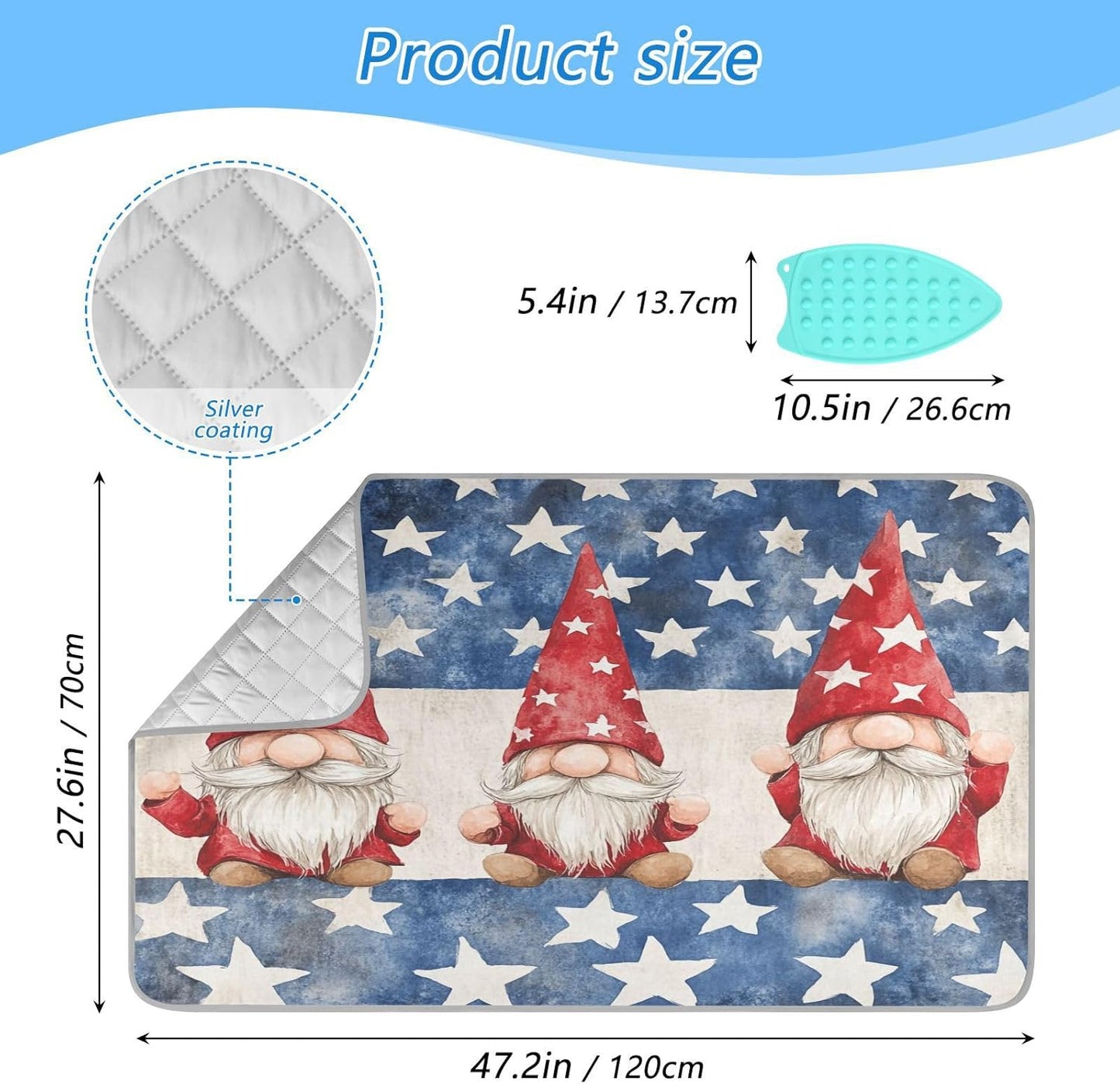 Three July 4th Gnomes Stars Ironing Mat for Table top Portable Ironing Pad Blanket for Washer Dryer Countertop Travel