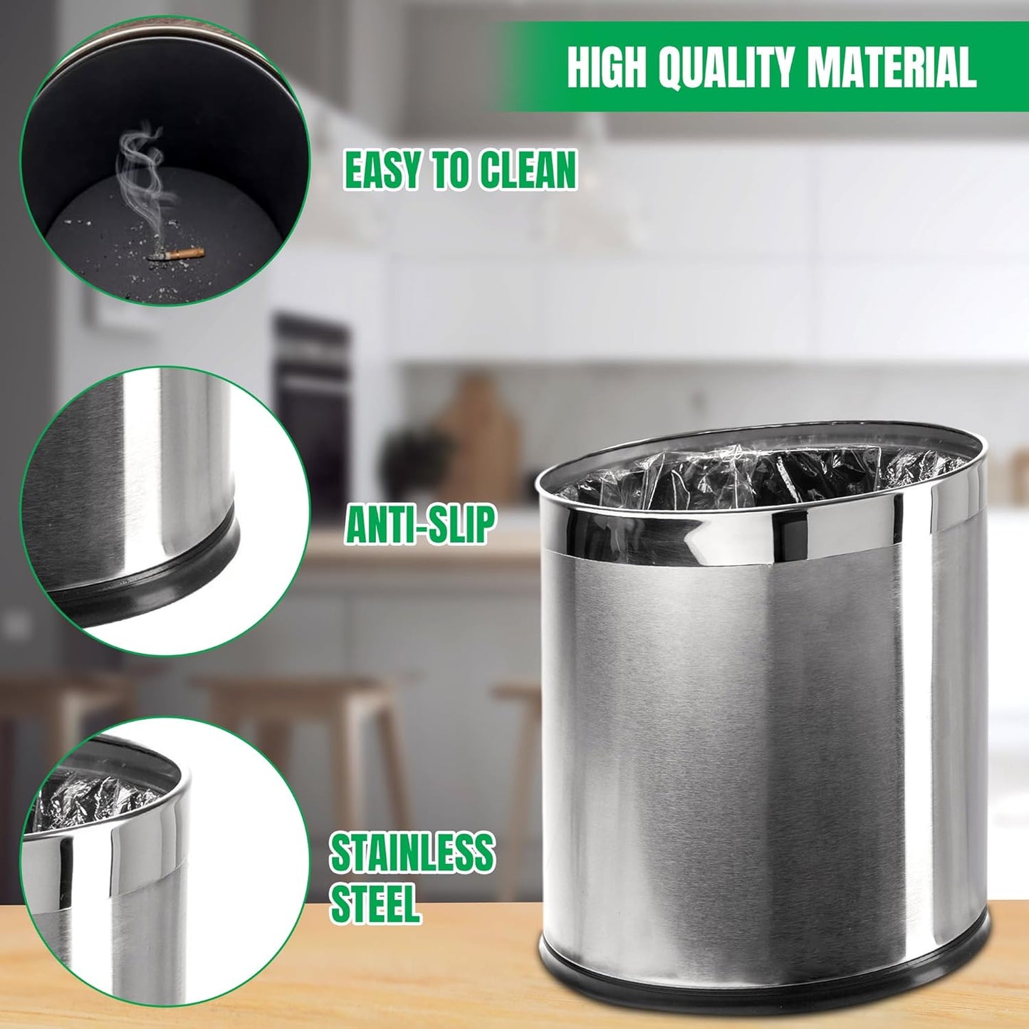 'Invisi-Overlap' Open Top Stainless Steel Trash Can, Small Office Wastebasket, Modern Home Décor, Oval Shape