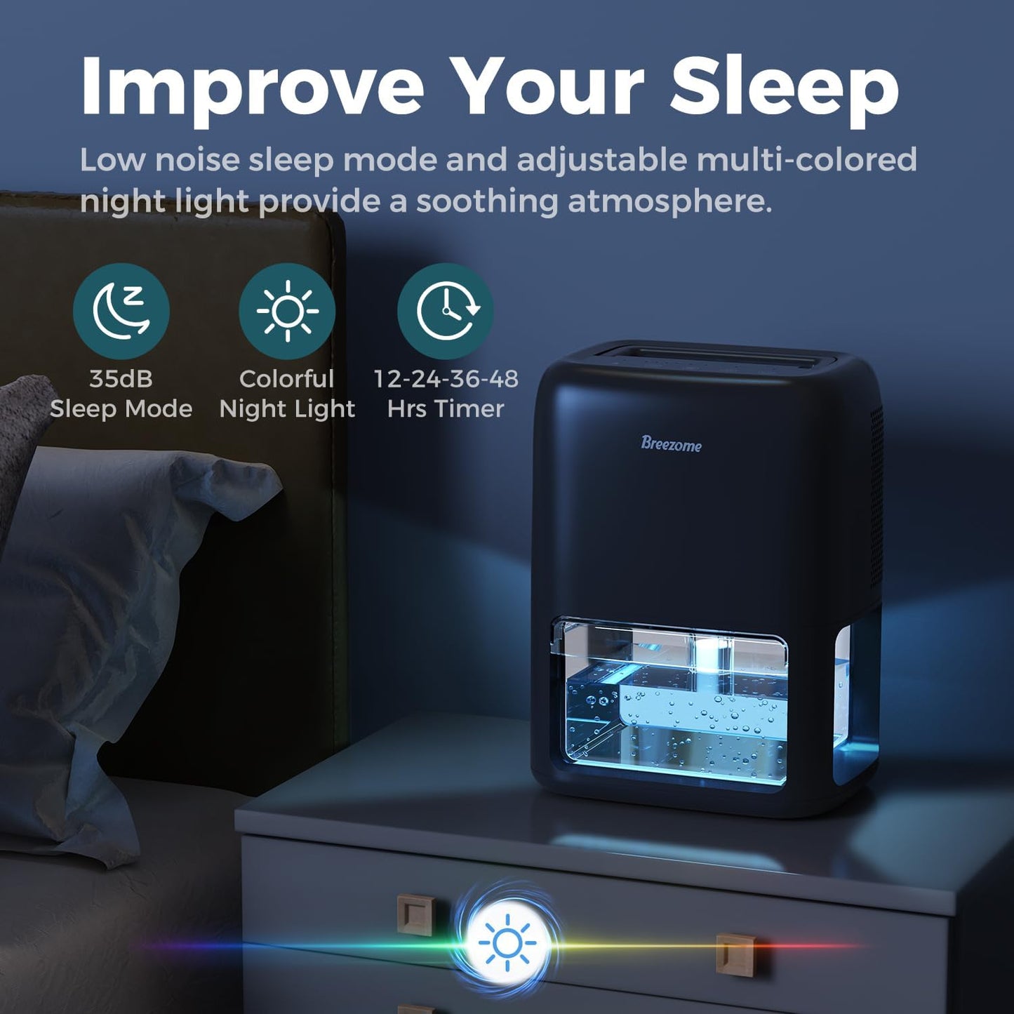 BREEZOME 60 OZ Dehumidifiers for Home, Dual-Semiconductor Quiet Dehumidifier with Timer Auto-Off Sleep Mode 7 Colors Light Portable Small Dehumidifiers for Bathroom, Cloakroom, RV, Black