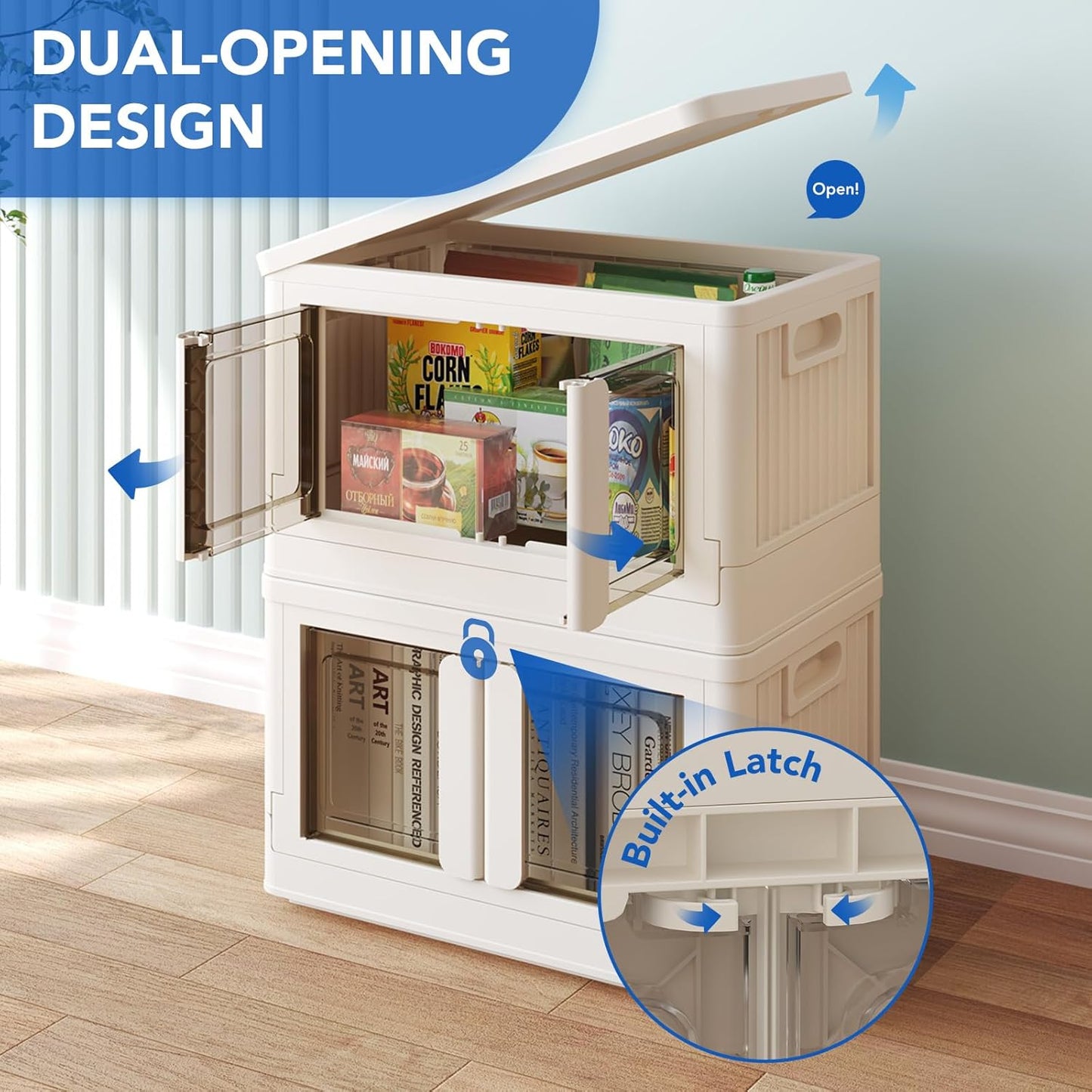 FLEXIMOUNTS 150 QT Stackable Storage Bins With Lids, Collapsible Plastic Storage Bins, Closet Organizers and Storage Containers with Doors and Built-in Wheels For Home, 4 Pack Cubes, Milky White