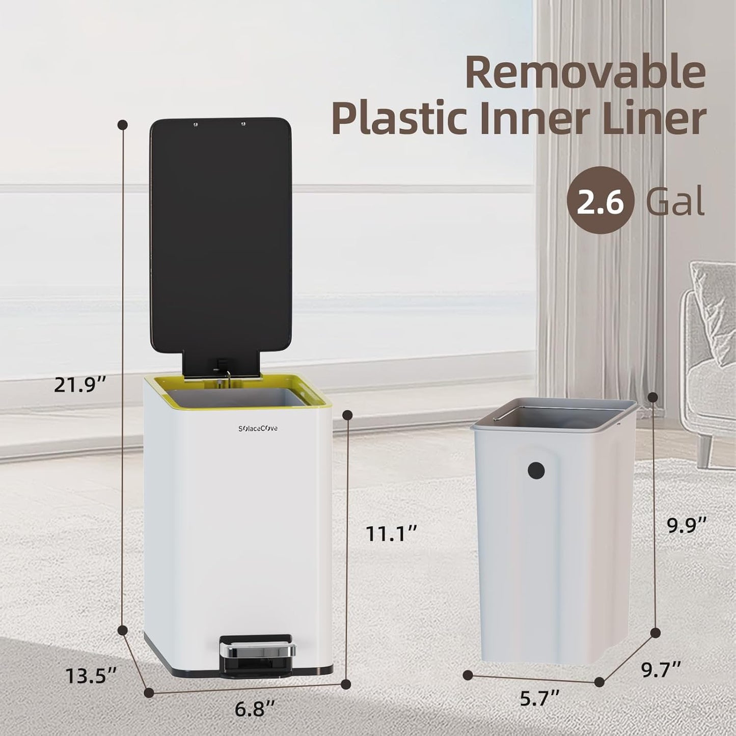 Stainless Steel Bathroom Trash can with lid,2.6 Gallon Trash can with Foot Pedal，Soft Close Small Bathroom Trash Can with Lid for Office, Bedroom, Toilet, Live Room(White)