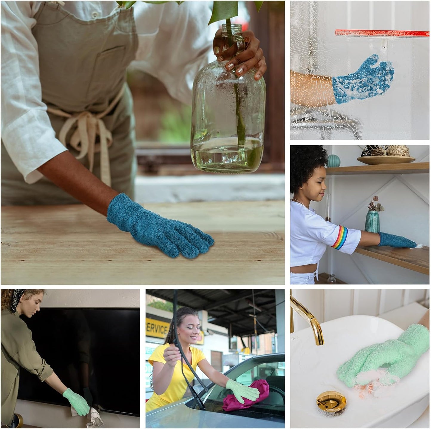 Patelai 2 Pairs Microfiber Gloves for plants Dusting Cleaning Glove Mittens House Cars Blinds Dusting(Blue, Grass Green, X-Large)