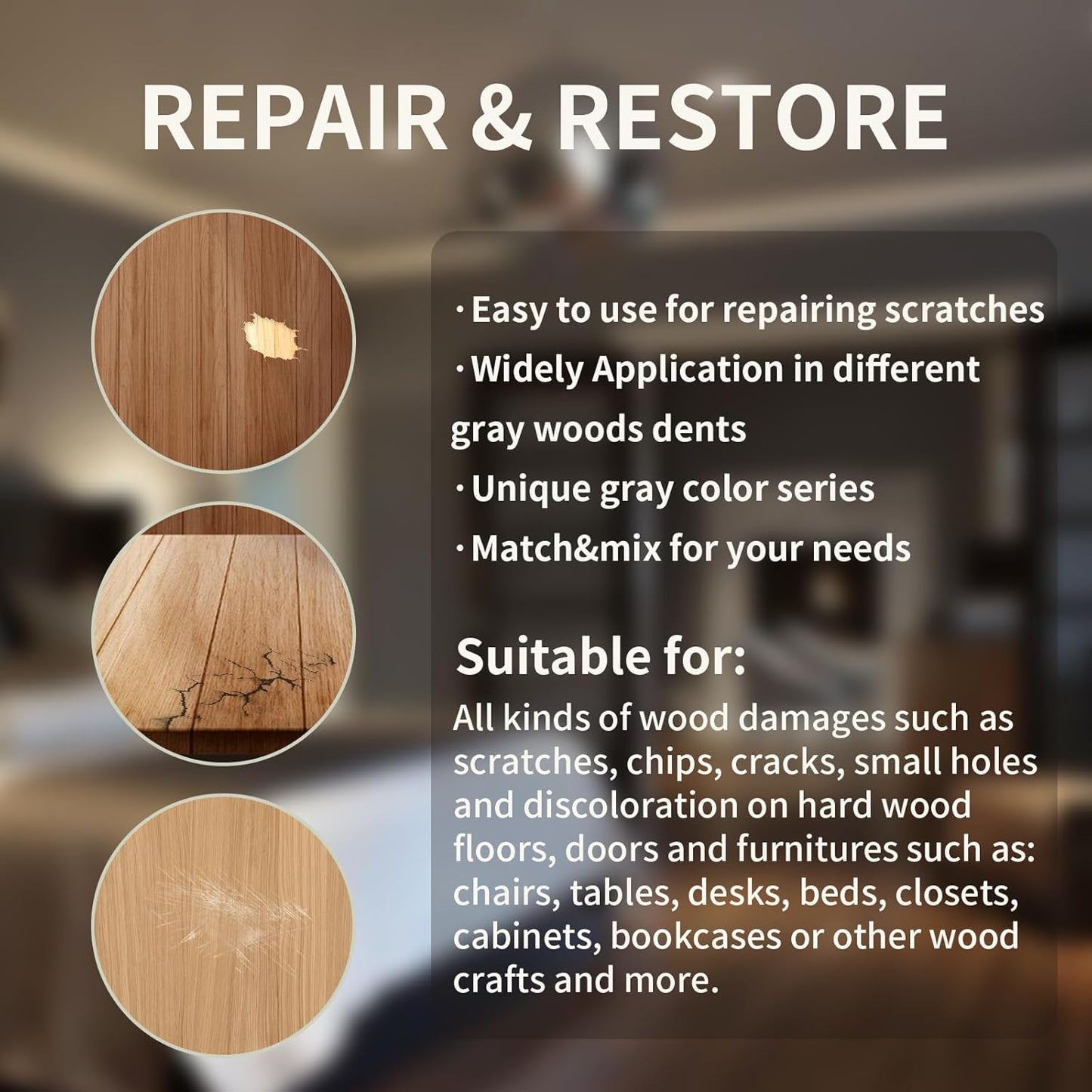 Wood Repair Kit, Wood Scratch Repair, 13Pcs Wood Filler Scratch Repair Kit for Wooden Furniture, Table, Door, Cabinet, Floor Discoloration Stain Paint, Brown