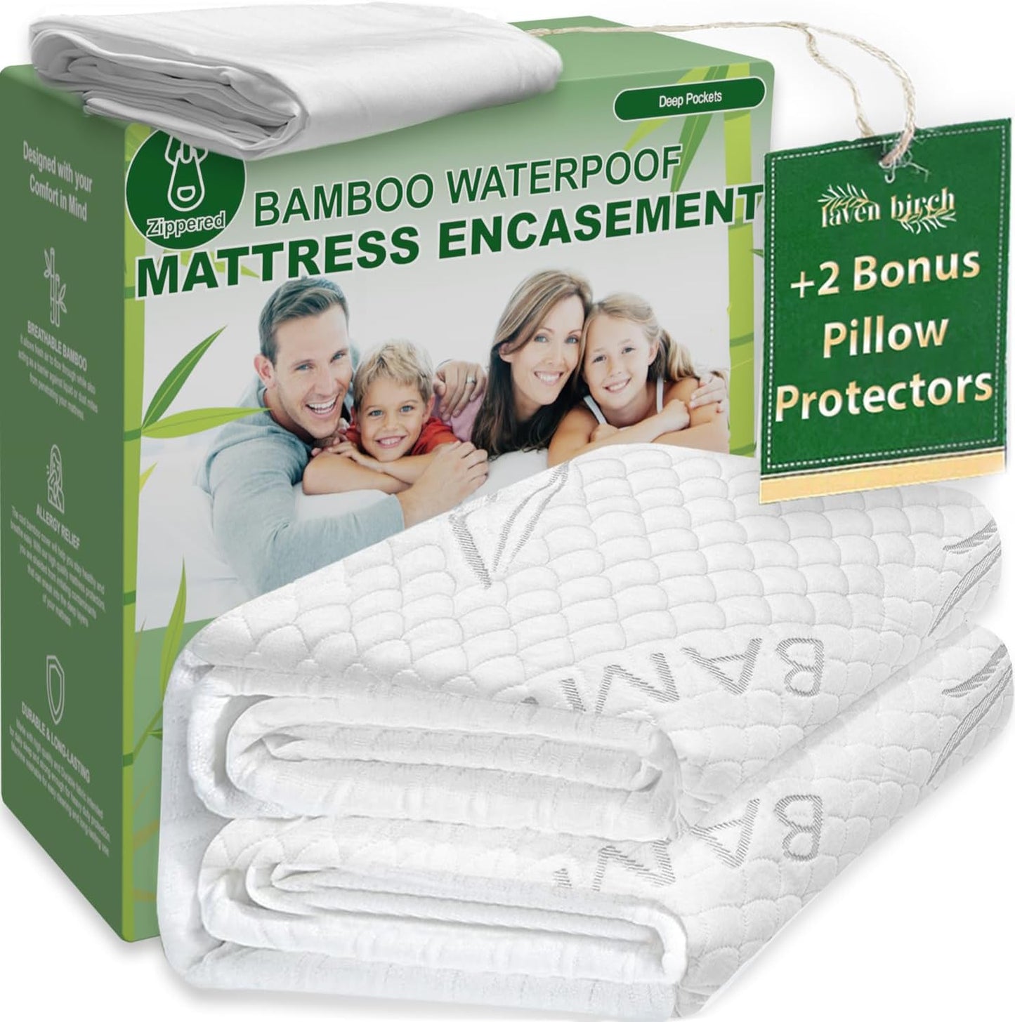 Bamboo Rayon Mattress Protector with Zipper + 2 Pillow Protectors - 100% Waterproof Cooling Queen Size Cover - Ultra Soft Fabric Breathable Noiseless Mattress Pad Covers Zippered Encasement