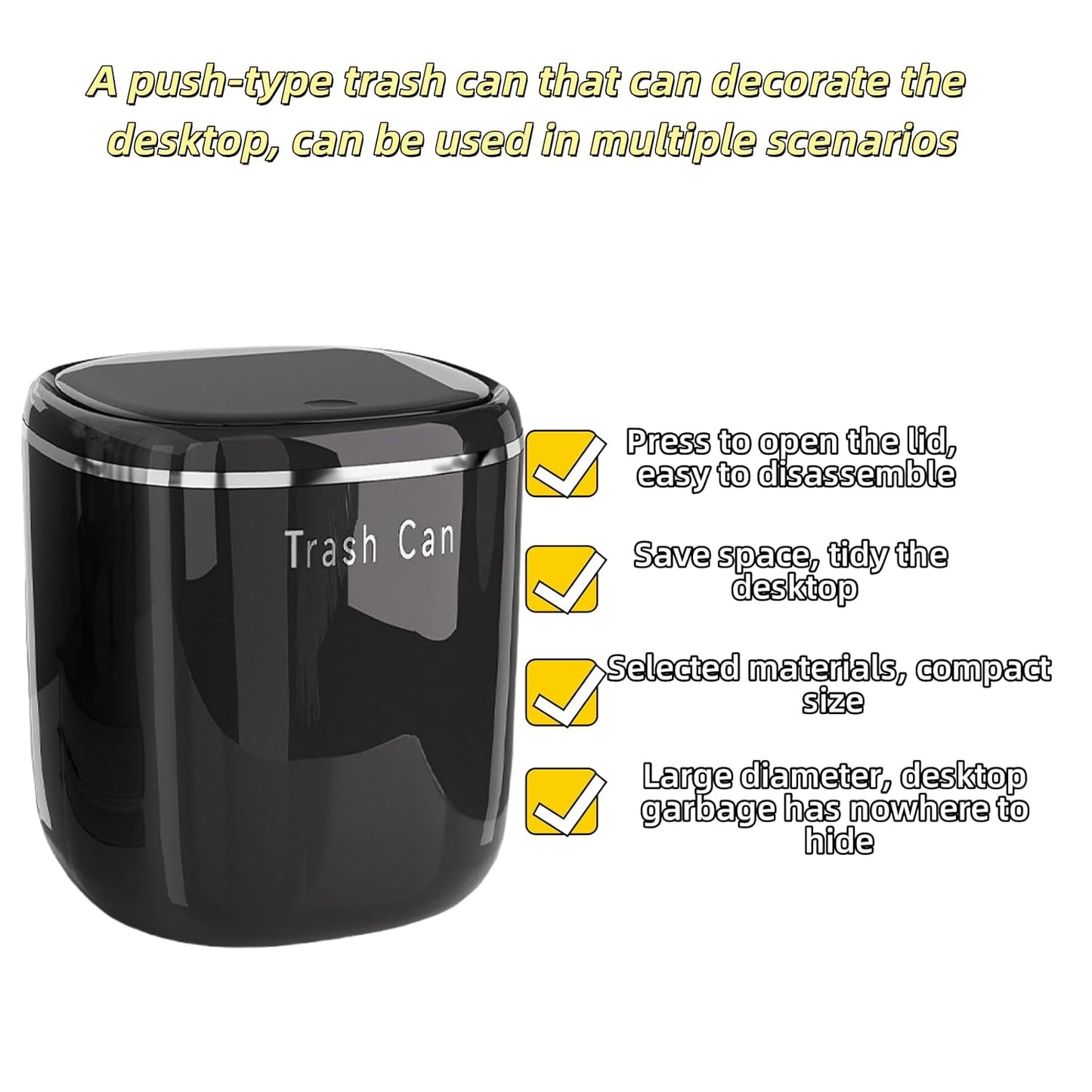 0.8 Gallon Desktop Mini Trash Can with Push-Open Lid, Small Waste Baskets Includes 50 Free Bags, Small Eco-Friendly PP Waste Bin for Office Desk, Bedroom, Bathroom Tiny Garbage Can (Black)